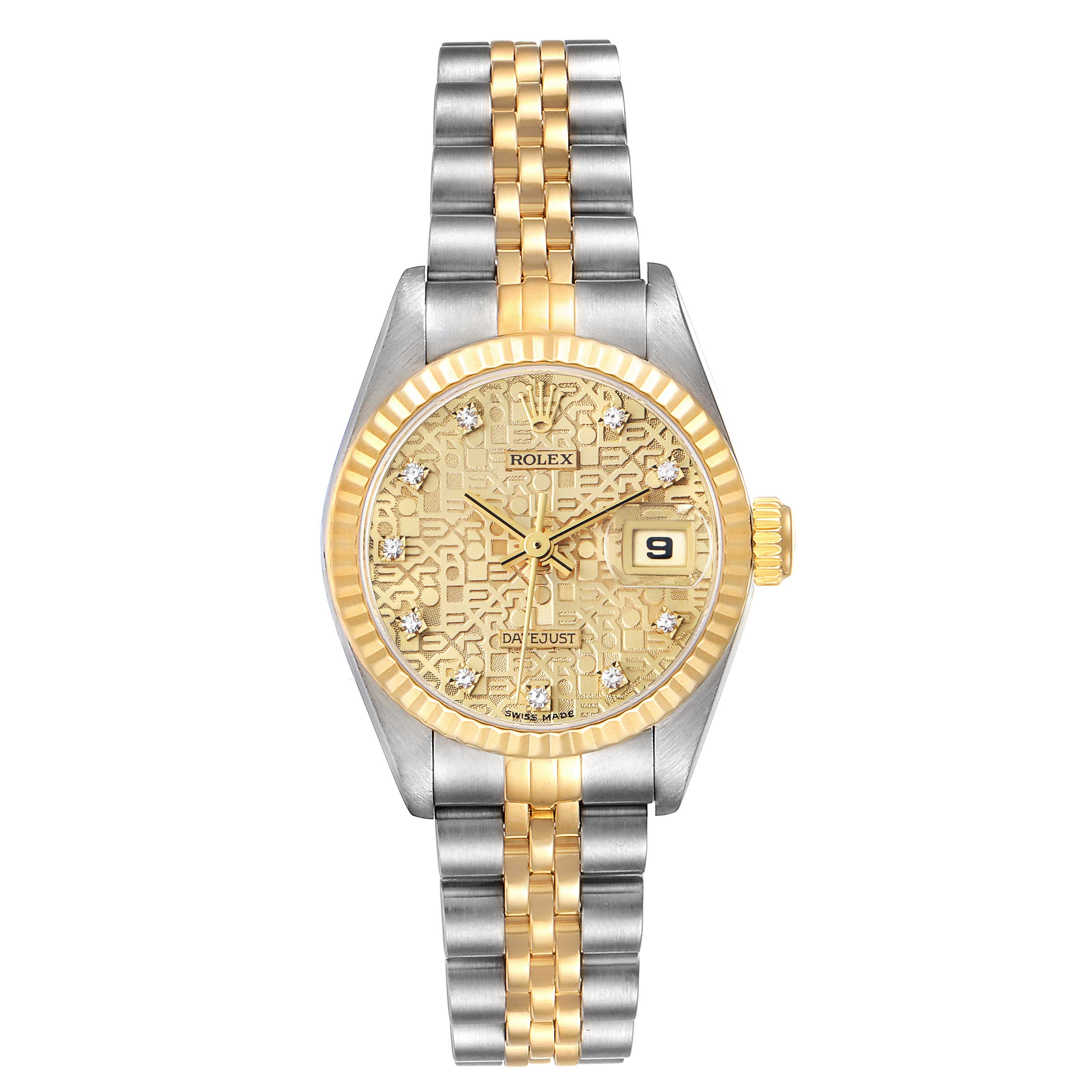 The Rolex Datejust 69173 Women's Steel and Gold (two tone) Champagne Dial 69173 Women's Steel and Gold (two tone) Champagne Dial watch is shown from the front, featuring its dial, bezel, bracelet, and crown.
