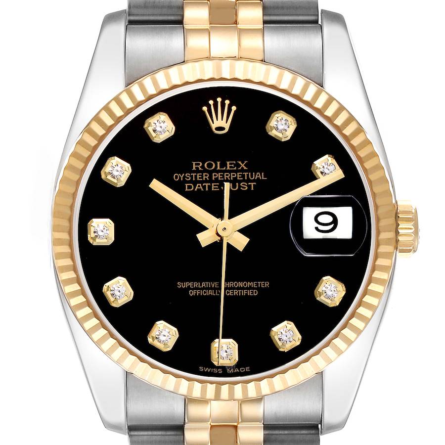 The Rolex Datejust watch is shown from the front, highlighting the black dial, gold markers, and two-tone bracelet.