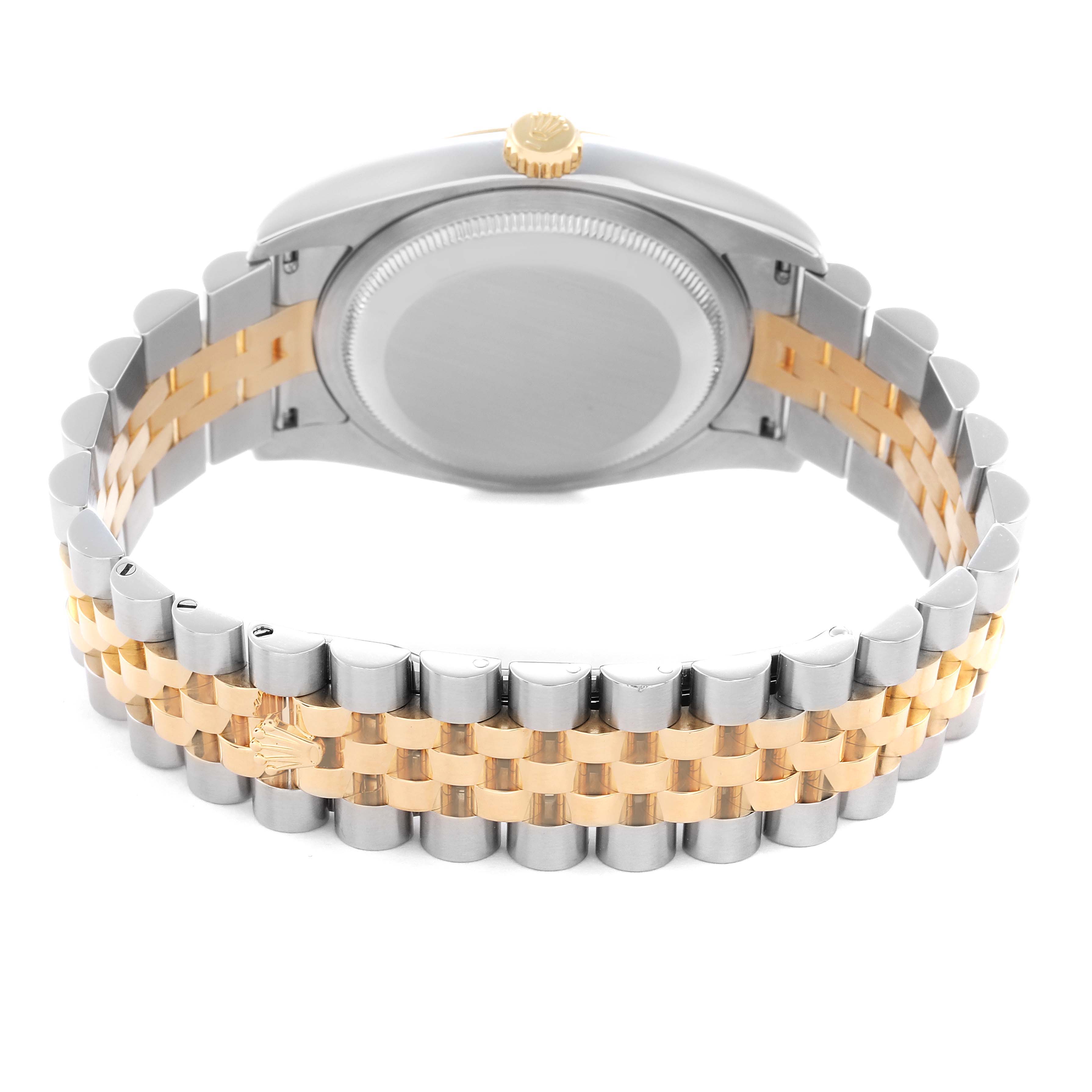 The image shows the back view of a Rolex Datejust 116233 Men
s Steel and Gold (two tone) Black Dial 116233 Men
s Steel and Gold (two tone) Black Dial, highlighting the case back and two-tone Jubilee bracelet.