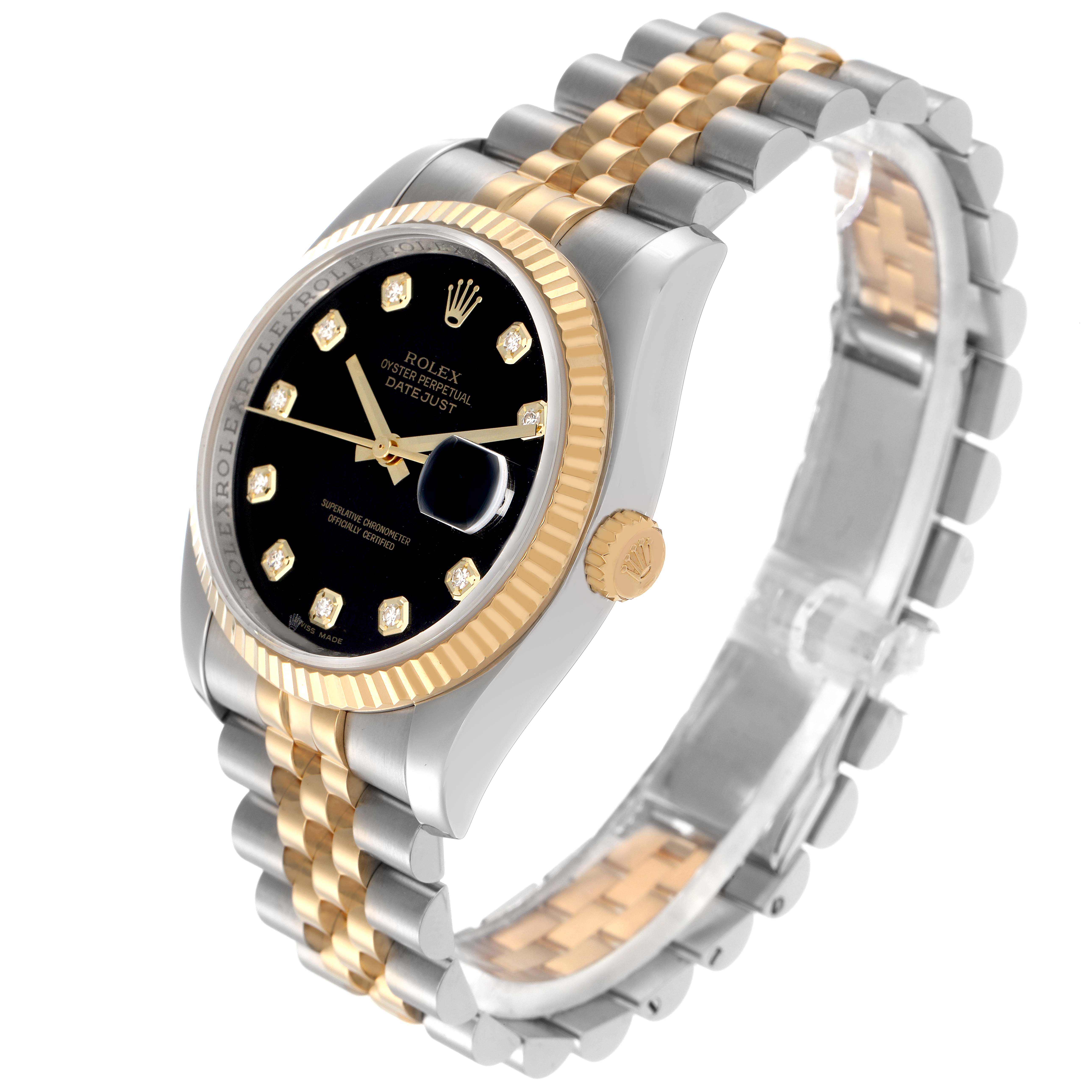 The Rolex Datejust 116233 Men
s Steel and Gold (two tone) Black Dial 116233 Men
s Steel and Gold (two tone) Black Dial watch is shown at a slight angle, highlighting the bezel, crown, and Jubilee bracelet.