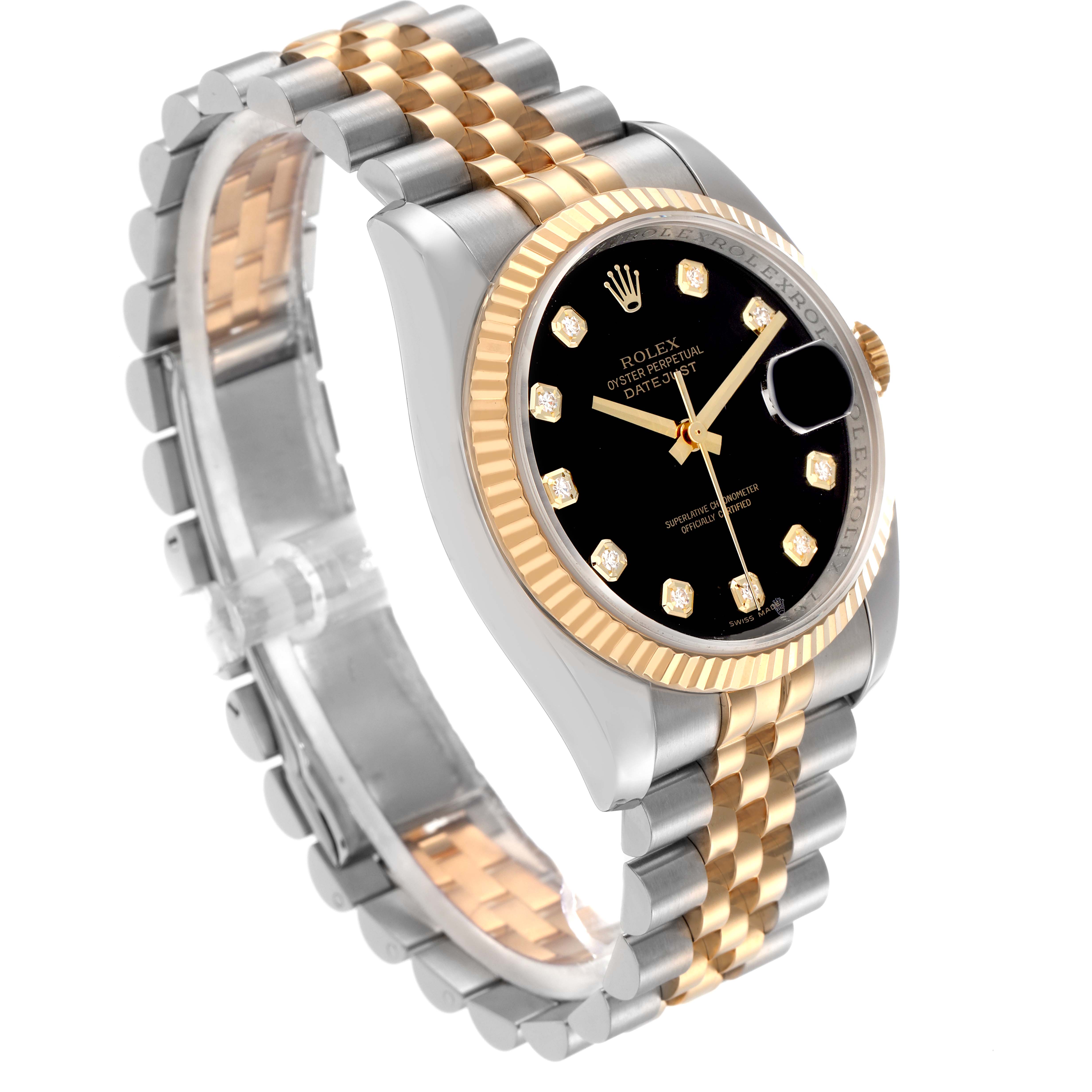 The Rolex Datejust 116233 Men
s Steel and Gold (two tone) Black Dial 116233 Men
s Steel and Gold (two tone) Black Dial watch is shown from an angled side view, displaying the face, bezel, crown, and two-tone jubilee bracelet.