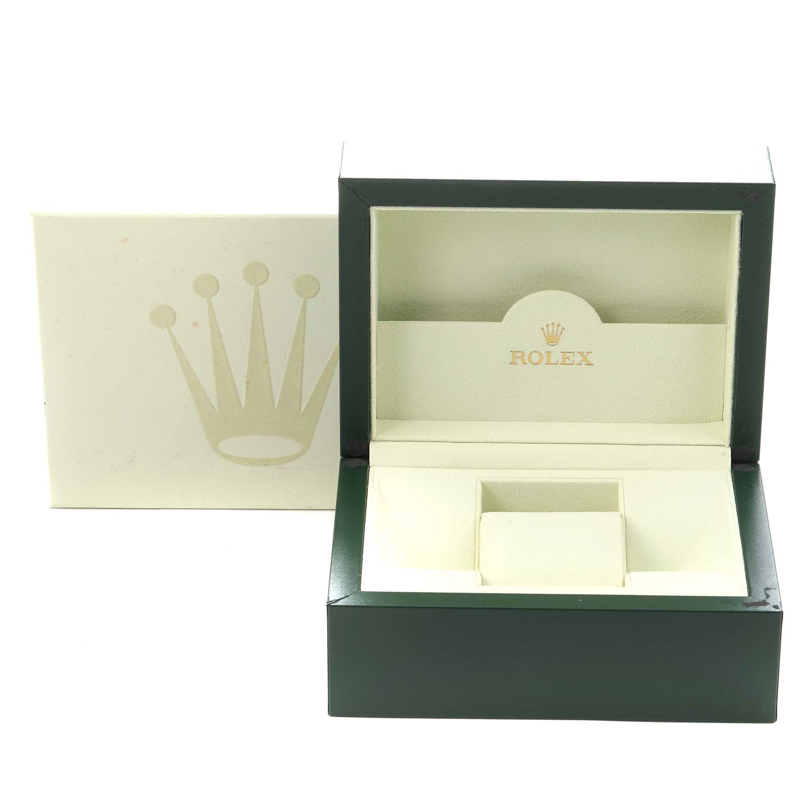 The image shows an open Rolex Datejust 116233 Men
s Steel and Gold (two tone) Black Dial 116233 Men
s Steel and Gold (two tone) Black Dial watch box, revealing the interior with the brand logo inside.