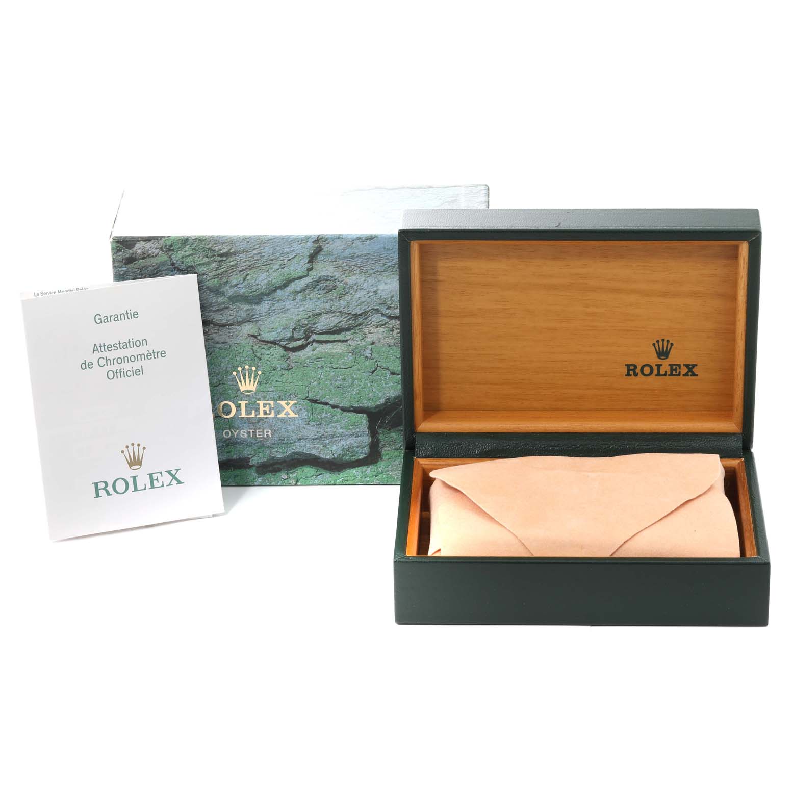 The image shows the packaging, a guarantee card, and an empty case for a Rolex Datejust 16233 Men's Steel and Gold (two tone) Black Dial 16233 Men's Steel and Gold (two tone) Black Dial watch.