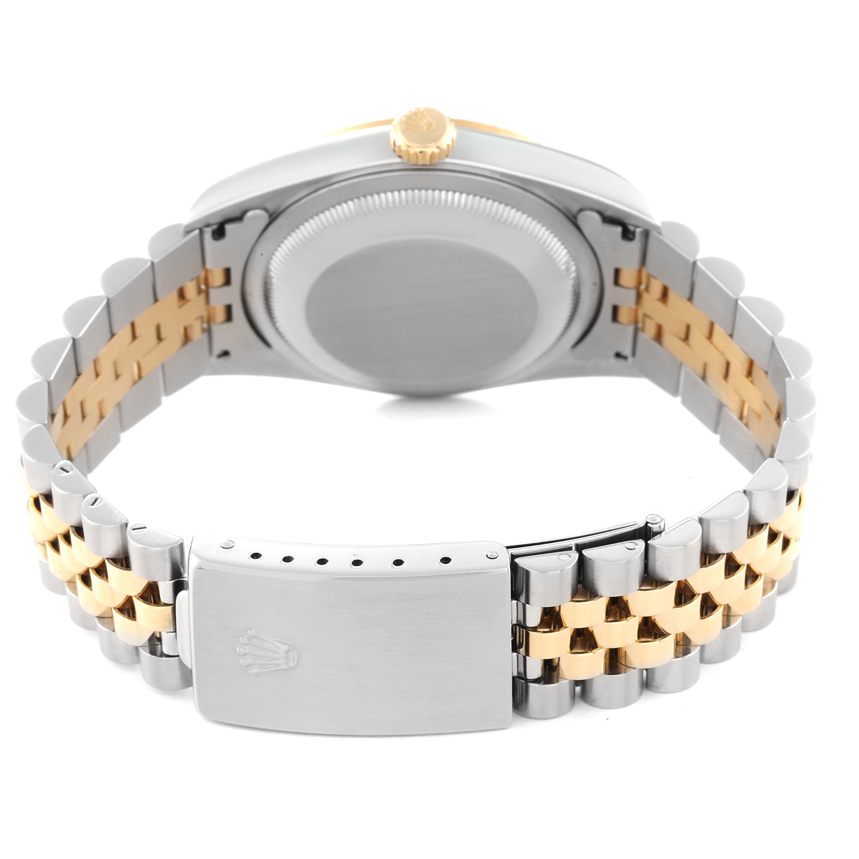 This image shows the back view of the Rolex Datejust 16233 Men's Steel and Gold (two tone) Black Dial 16233 Men's Steel and Gold (two tone) Black Dial watch, highlighting the case back and two-tone bracelet with the clasp closed.