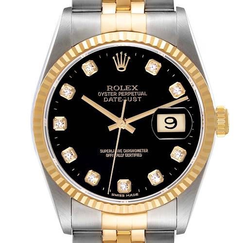 Photo of Rolex Datejust Steel Yellow Gold Black Diamond Dial Mens Watch 16233 Box Papers