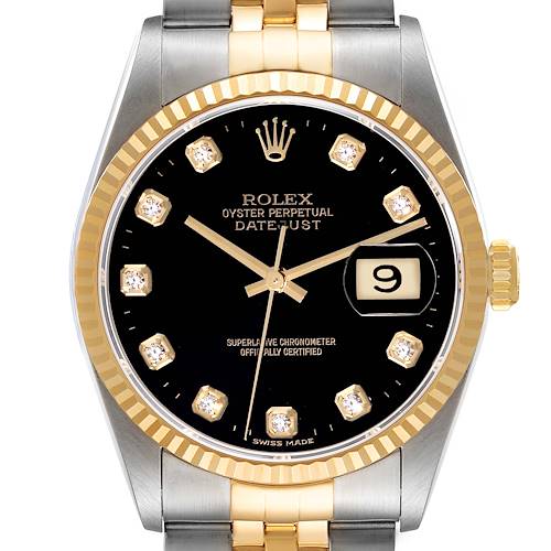 The image shows a frontal view of the Rolex Datejust watch, highlighting its black dial, diamond hour markers, two-tone bracelet, and date display.