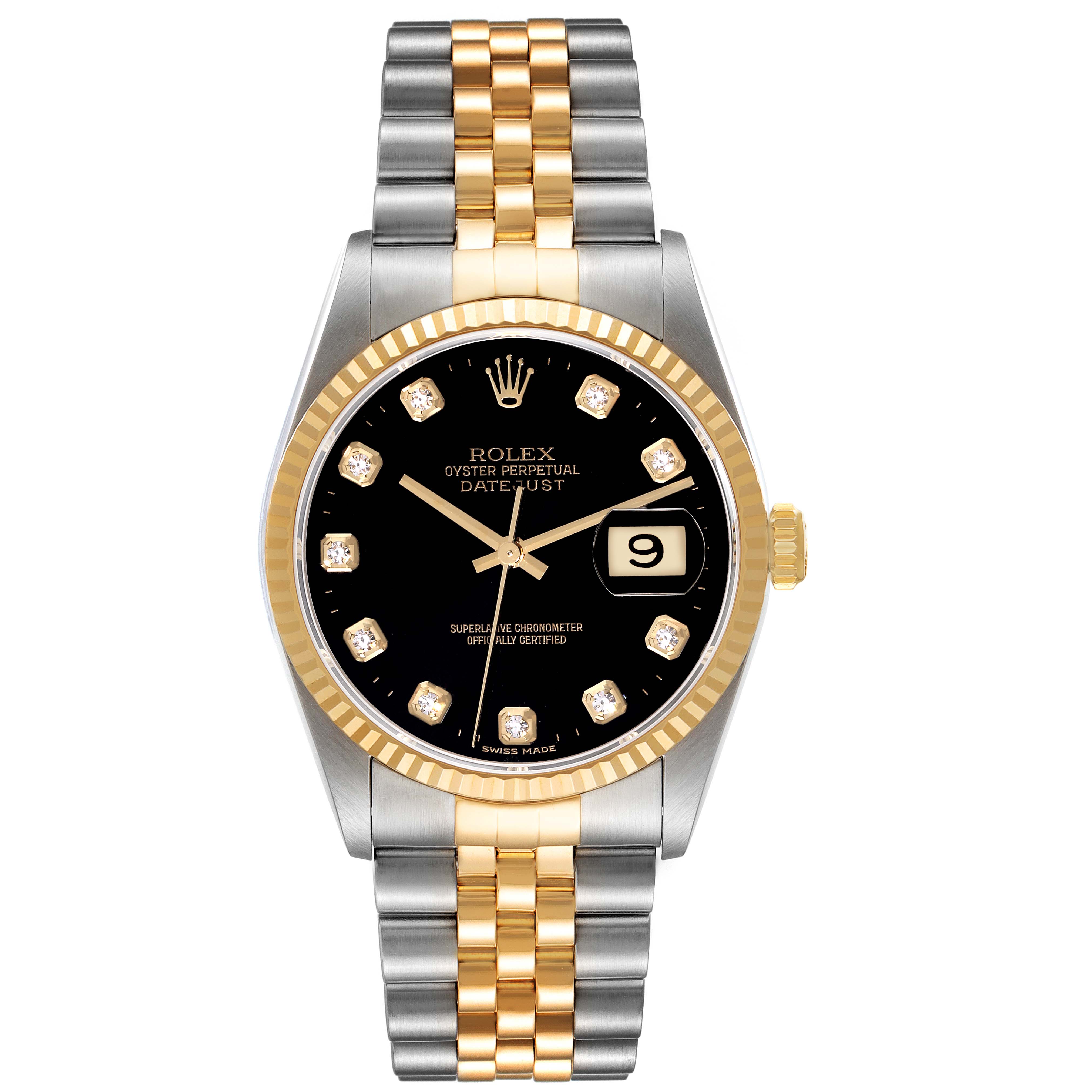 The Rolex Datejust 16233 Men's Steel and Gold (two tone) Black Dial 16233 Men's Steel and Gold (two tone) Black Dial watch is shown from a front angle, displaying its dial, bezel, crown, and bracelet.