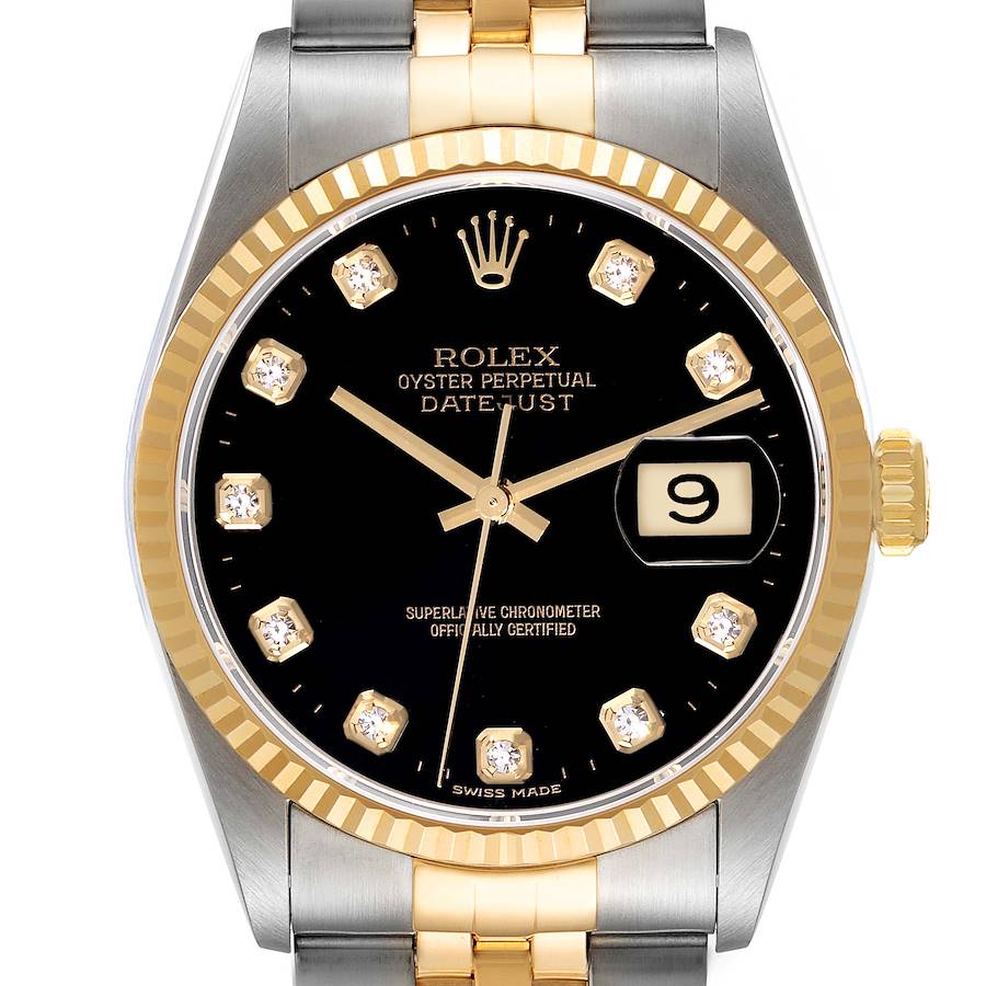 Rolex Datejust Steel Yellow Gold Black Diamond Dial Mens Watch 16233 Box Papers SwissWatchExpo