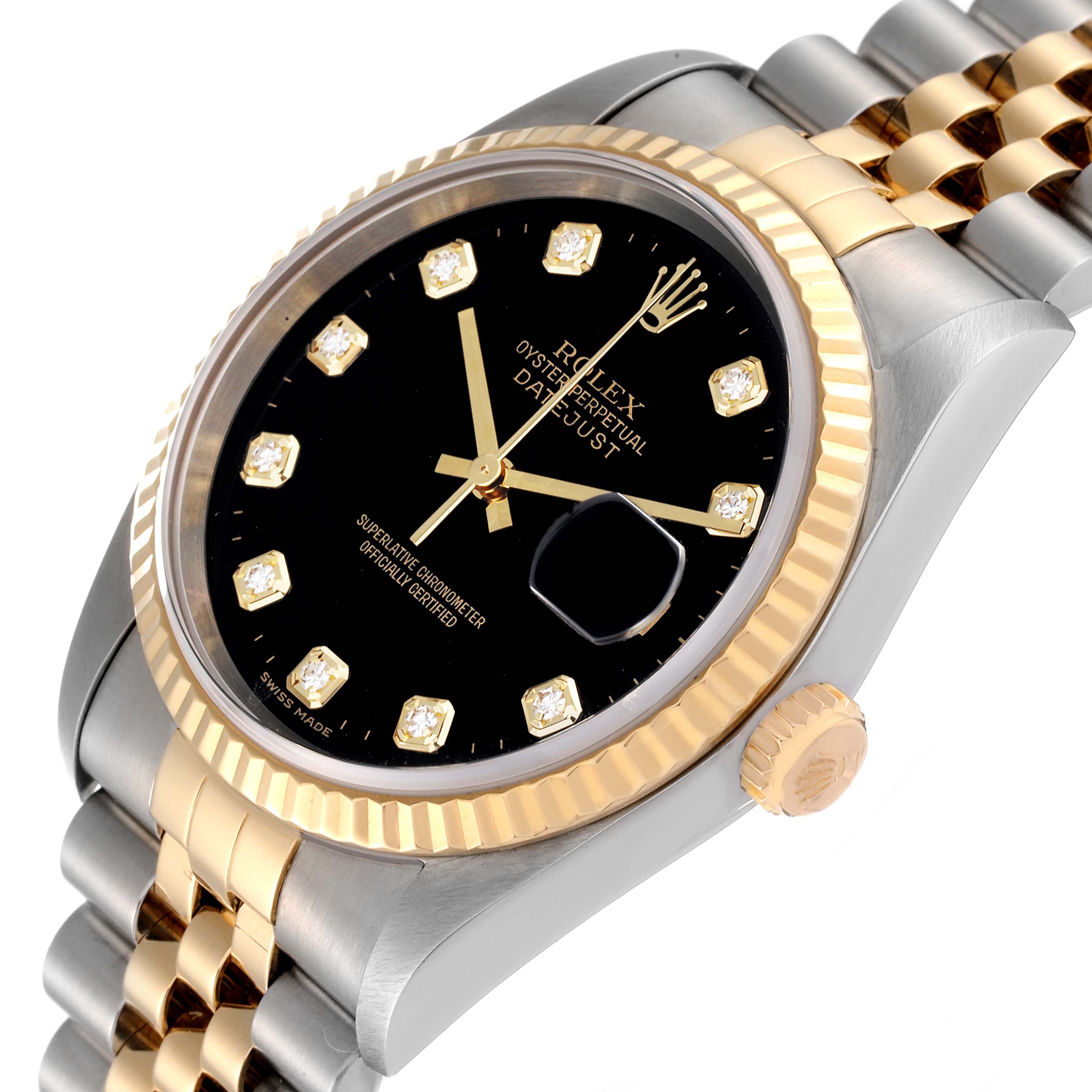 The Rolex Datejust 16233 Men's Steel and Gold (two tone) Black Dial 16233 Men's Steel and Gold (two tone) Black Dial watch is shown at a close-up angle, highlighting its black dial, gold hour markers, fluted bezel, and two-tone bracelet.
