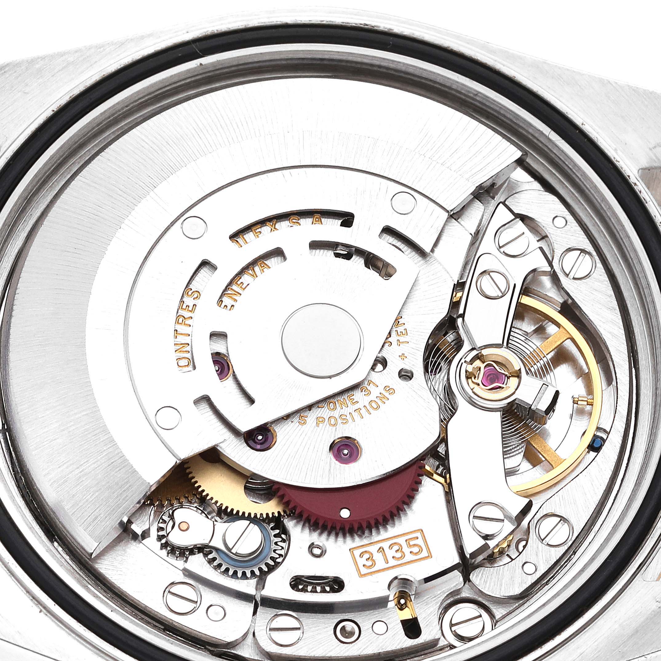 The image shows the internal mechanism, or movement, of a Rolex Datejust 16233 Men's Steel and Gold (two tone) Black Dial 16233 Men's Steel and Gold (two tone) Black Dial watch from a top-down angle.