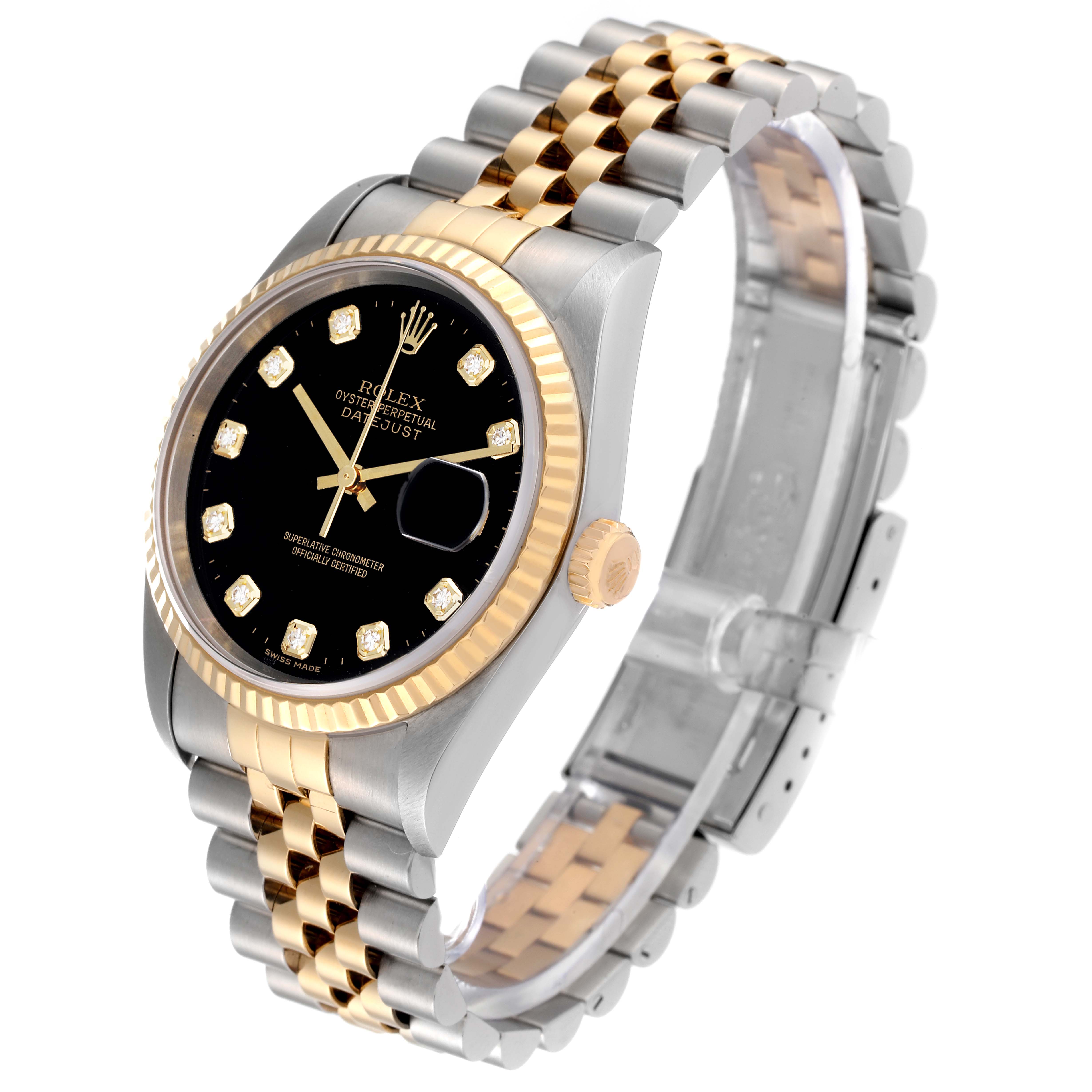 The Rolex Datejust 16233 Men's Steel and Gold (two tone) Black Dial 16233 Men's Steel and Gold (two tone) Black Dial watch is shown at an angle highlighting its black dial, fluted bezel, and two-tone bracelet.