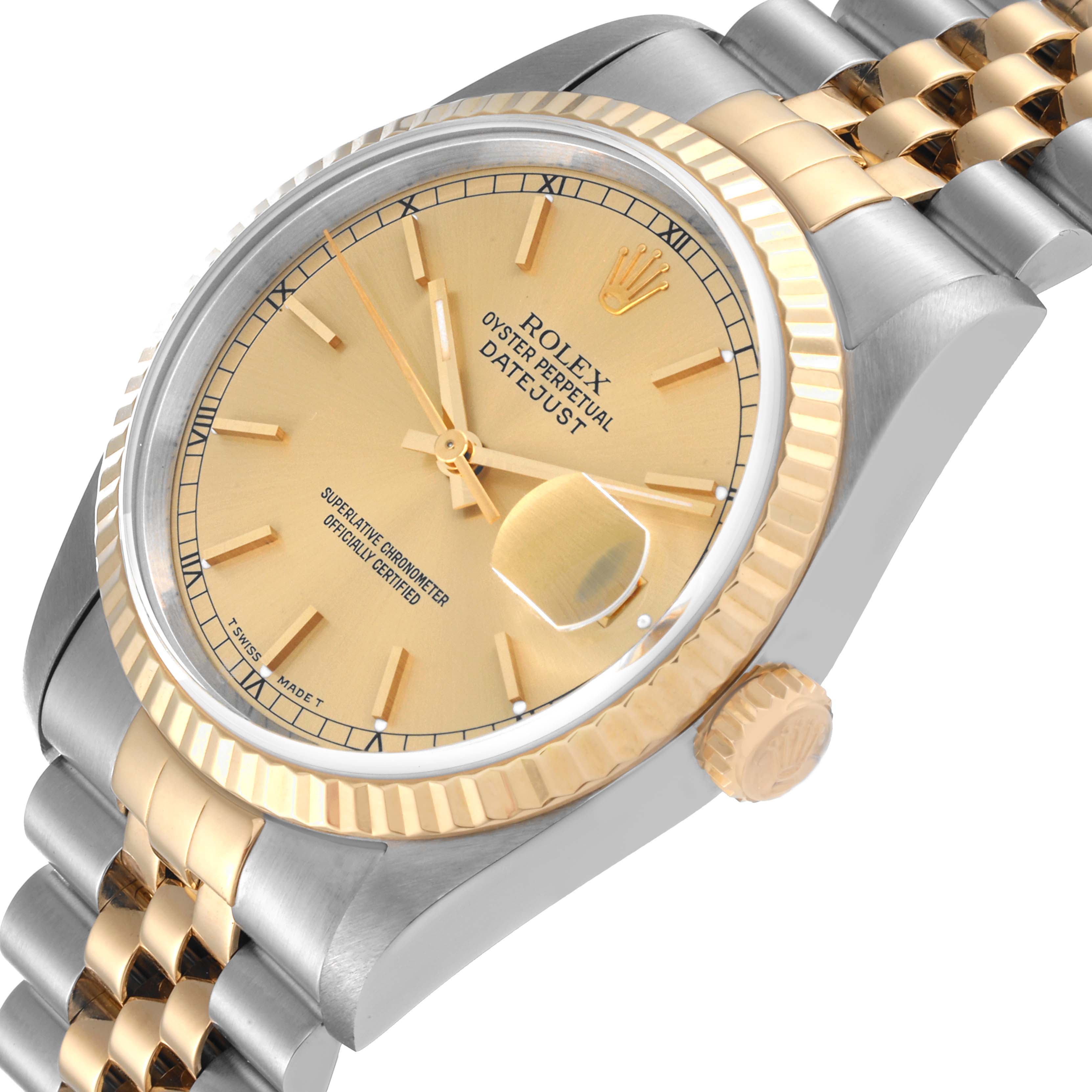 The image shows the Rolex Datejust 16233 Men's Steel and Gold (two tone) Champagne Dial 16233 Men's Steel and Gold (two tone) Champagne Dial watch at an angled view, highlighting the dial, bezel, crown, and part of the bracelet.