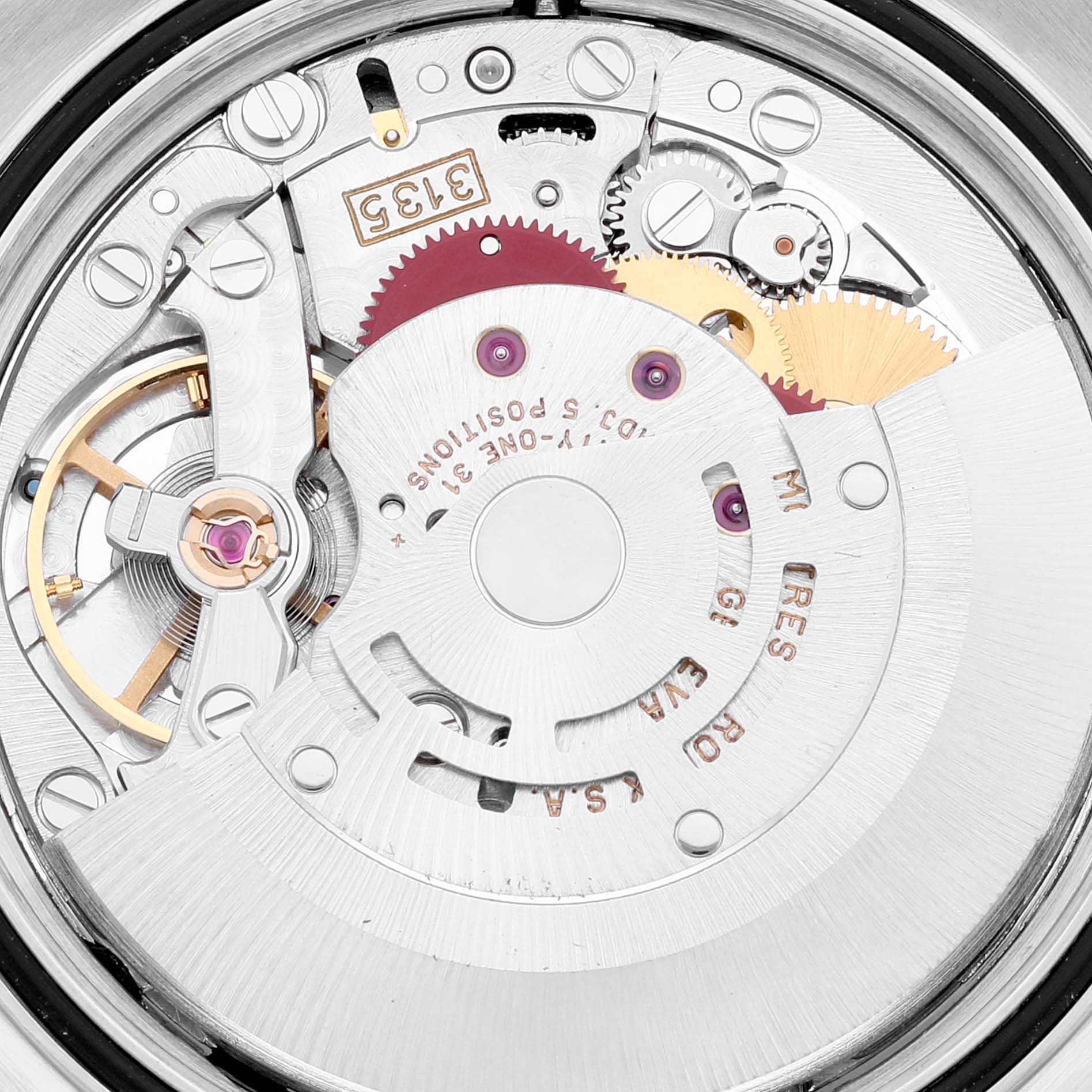 This image shows the intricate inner mechanical movement of a Rolex Datejust 16233 Men's Steel and Gold (two tone) Champagne Dial 16233 Men's Steel and Gold (two tone) Champagne Dial watch viewed from the back.