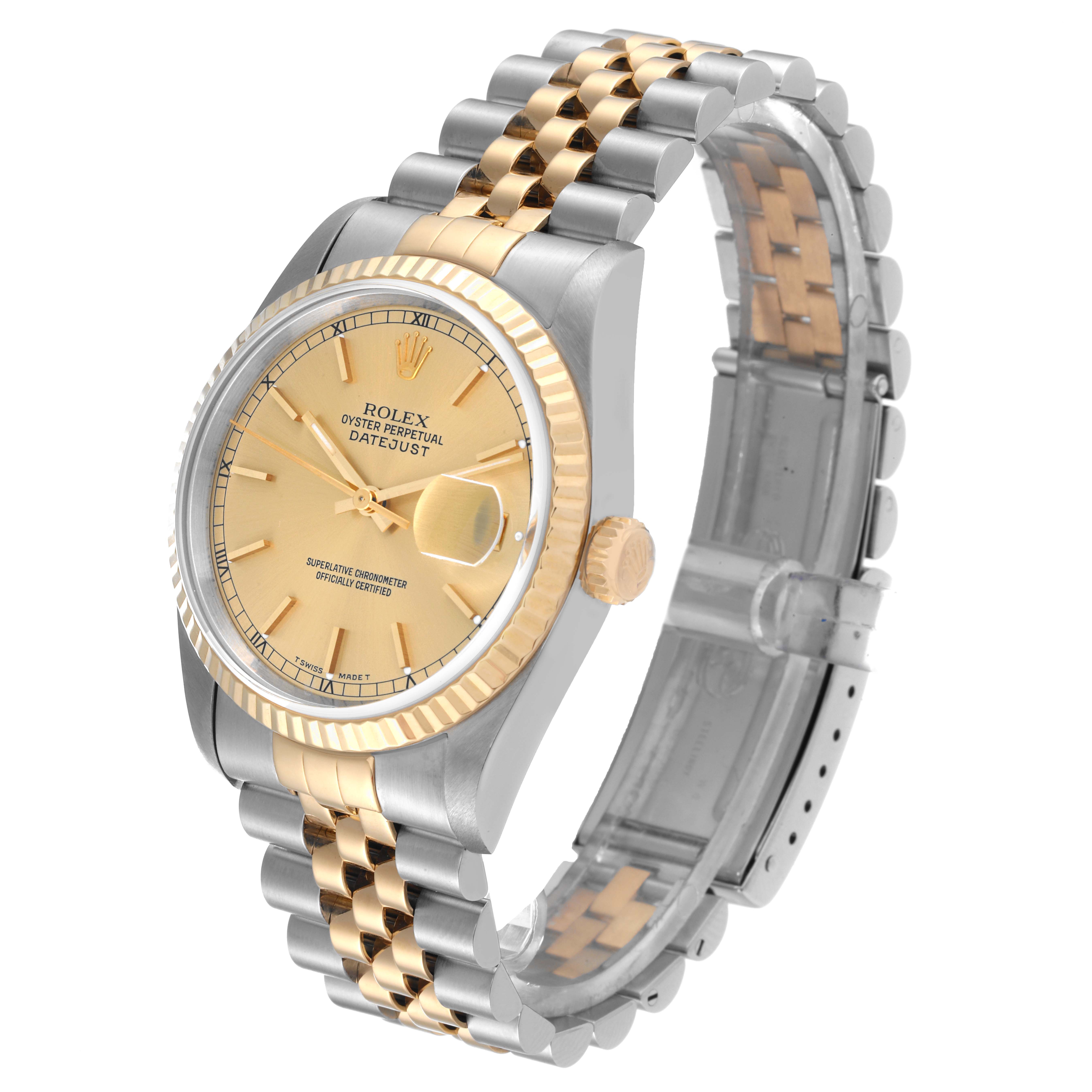 The image shows a Rolex Datejust 16233 Men's Steel and Gold (two tone) Champagne Dial 16233 Men's Steel and Gold (two tone) Champagne Dial watch at a three-quarter angle, highlighting its gold and silver bracelet, dial, and case.