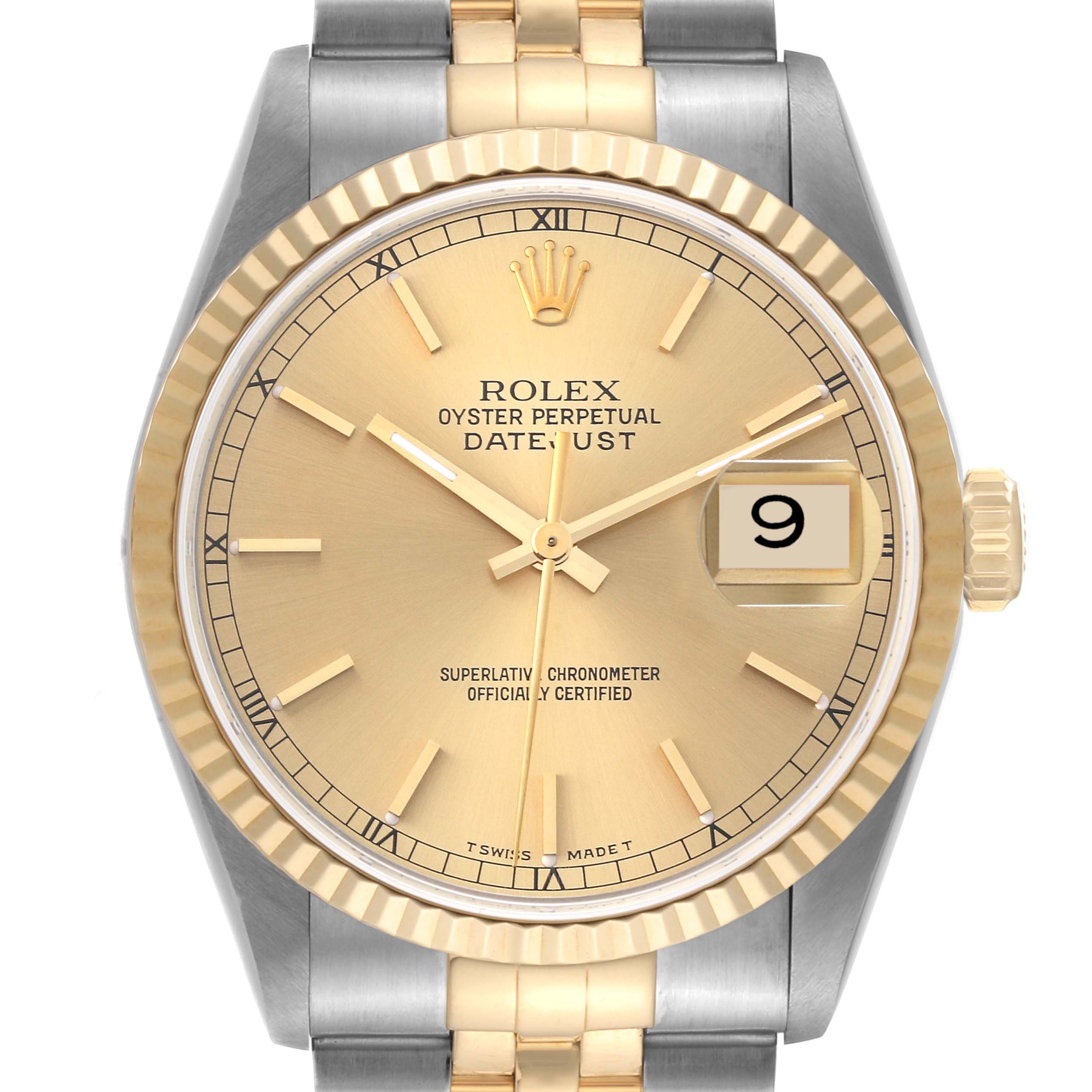 The image shows a Rolex Datejust 16233 Men's Steel and Gold (two tone) Champagne Dial 16233 Men's Steel and Gold (two tone) Champagne Dial watch face and part of the bracelet from a frontal angle.