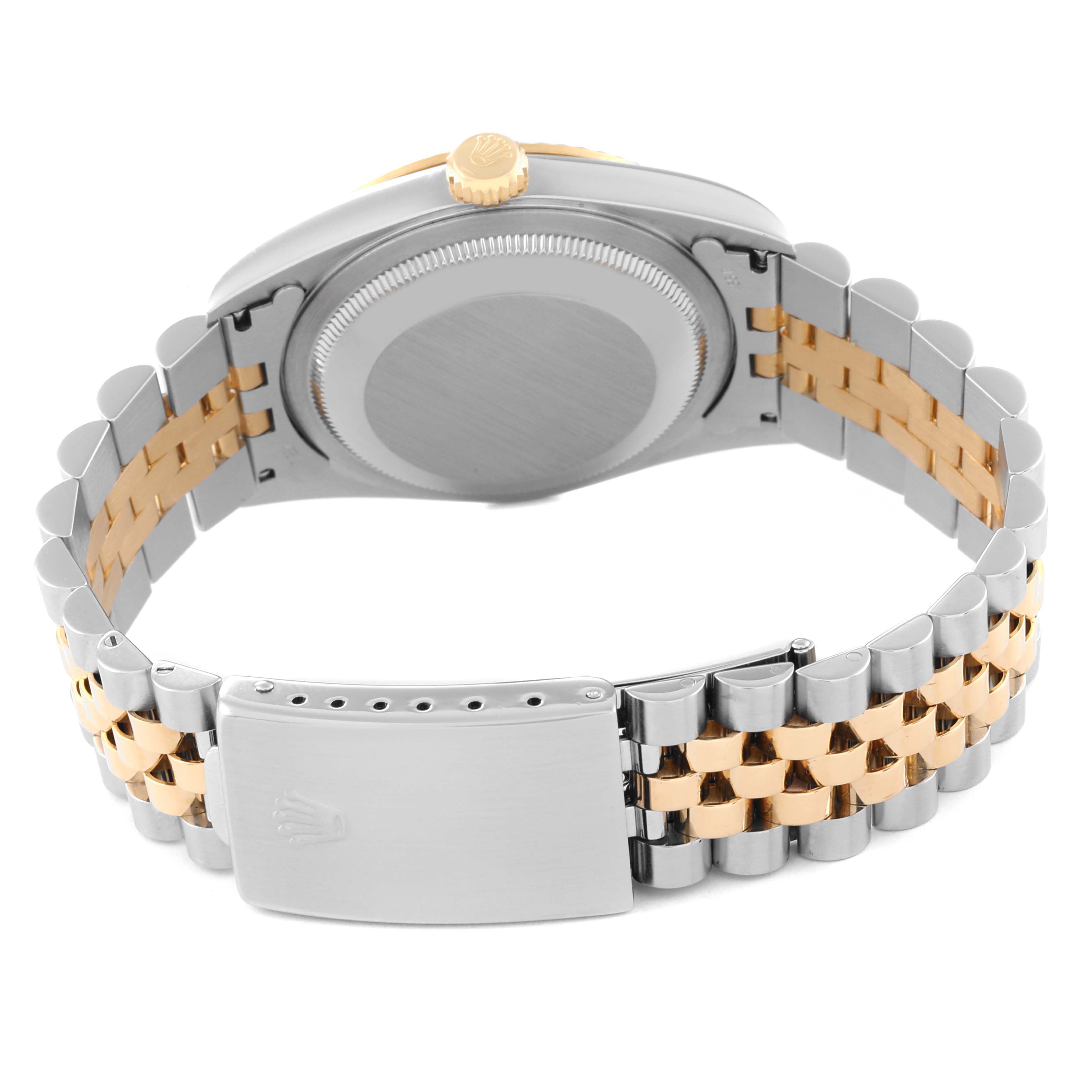 This image displays the back of a Rolex Datejust 16233 Men's Steel and Gold (two tone) Champagne Dial 16233 Men's Steel and Gold (two tone) Champagne Dial watch, including the bracelet and clasp.