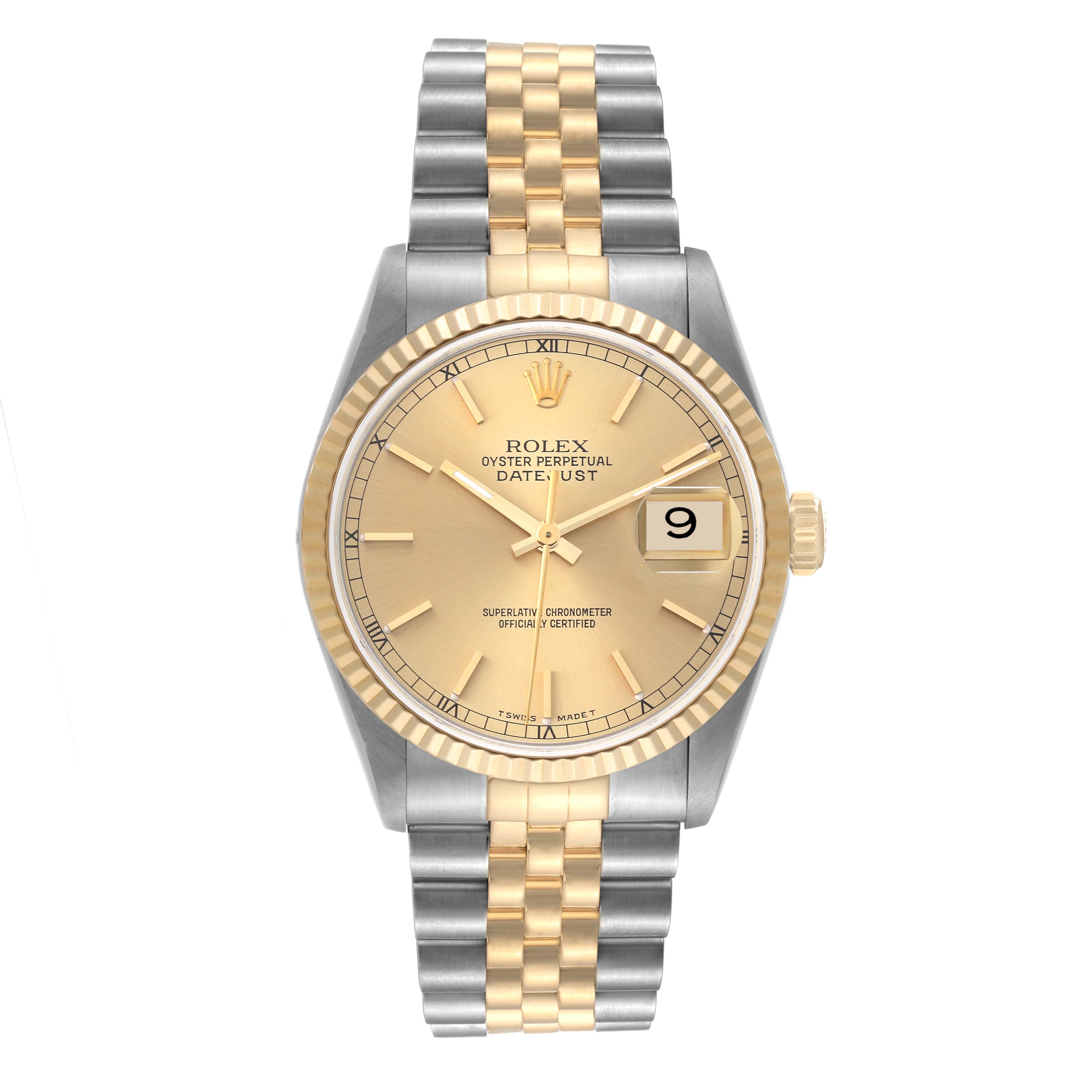 The Rolex Datejust 16233 Men's Steel and Gold (two tone) Champagne Dial 16233 Men's Steel and Gold (two tone) Champagne Dial watch is shown from a top-down angle, displaying its gold dial, date window, and two-tone jubilee bracelet.