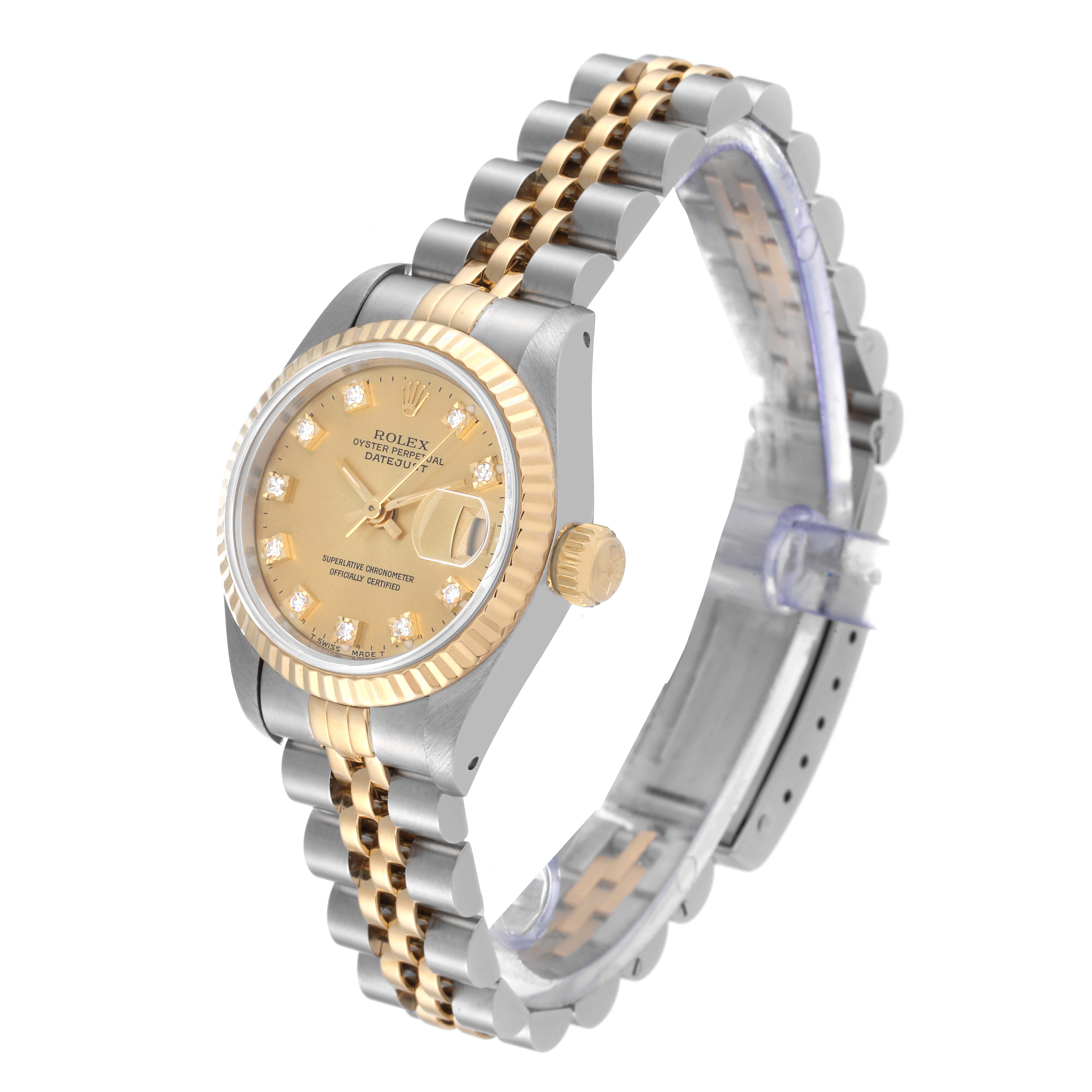 The Rolex Datejust 69173 Women's Steel and Gold (two tone) Champagne Dial 69173 Women's Steel and Gold (two tone) Champagne Dial watch is shown at a three-quarter angle, highlighting the gold dial, bezel, and two-tone bracelet.