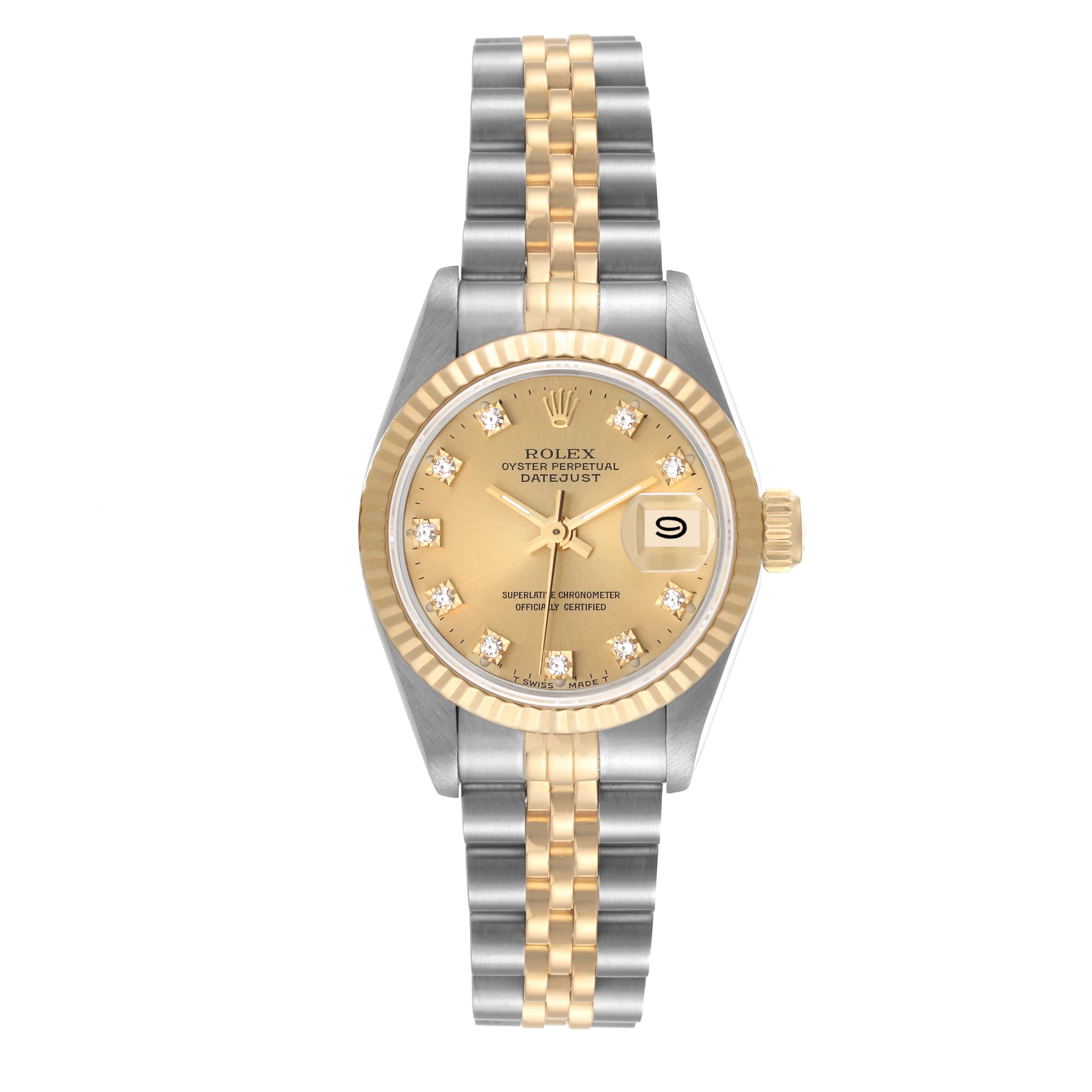 The Rolex Datejust 69173 Women's Steel and Gold (two tone) Champagne Dial 69173 Women's Steel and Gold (two tone) Champagne Dial model watch is shown from a front angle, displaying its face, bezel, crown, and bracelet.