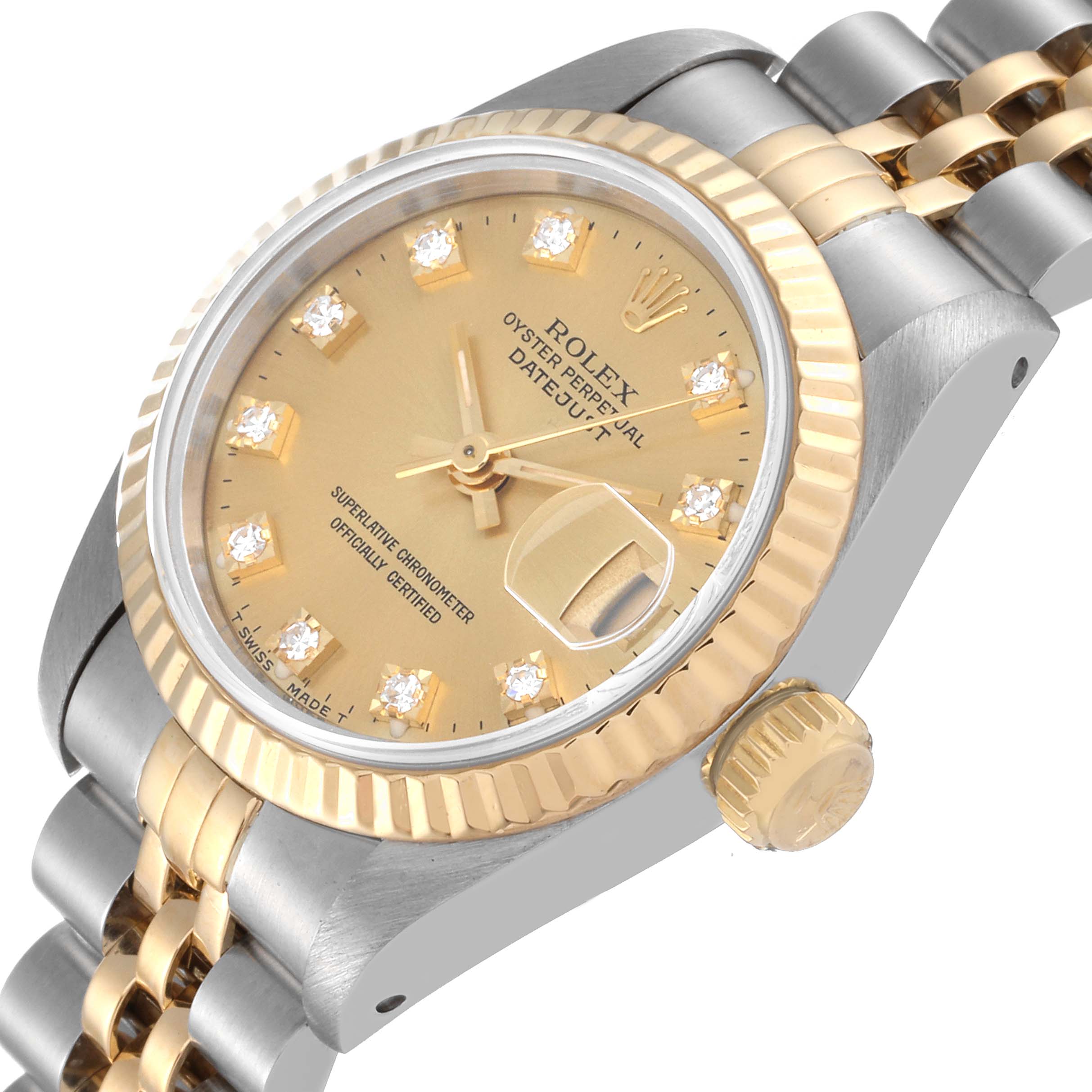 This image shows a close-up of a Rolex Datejust 69173 Women's Steel and Gold (two tone) Champagne Dial 69173 Women's Steel and Gold (two tone) Champagne Dial watch, highlighting the dial, bezel, crown, and part of the bracelet.