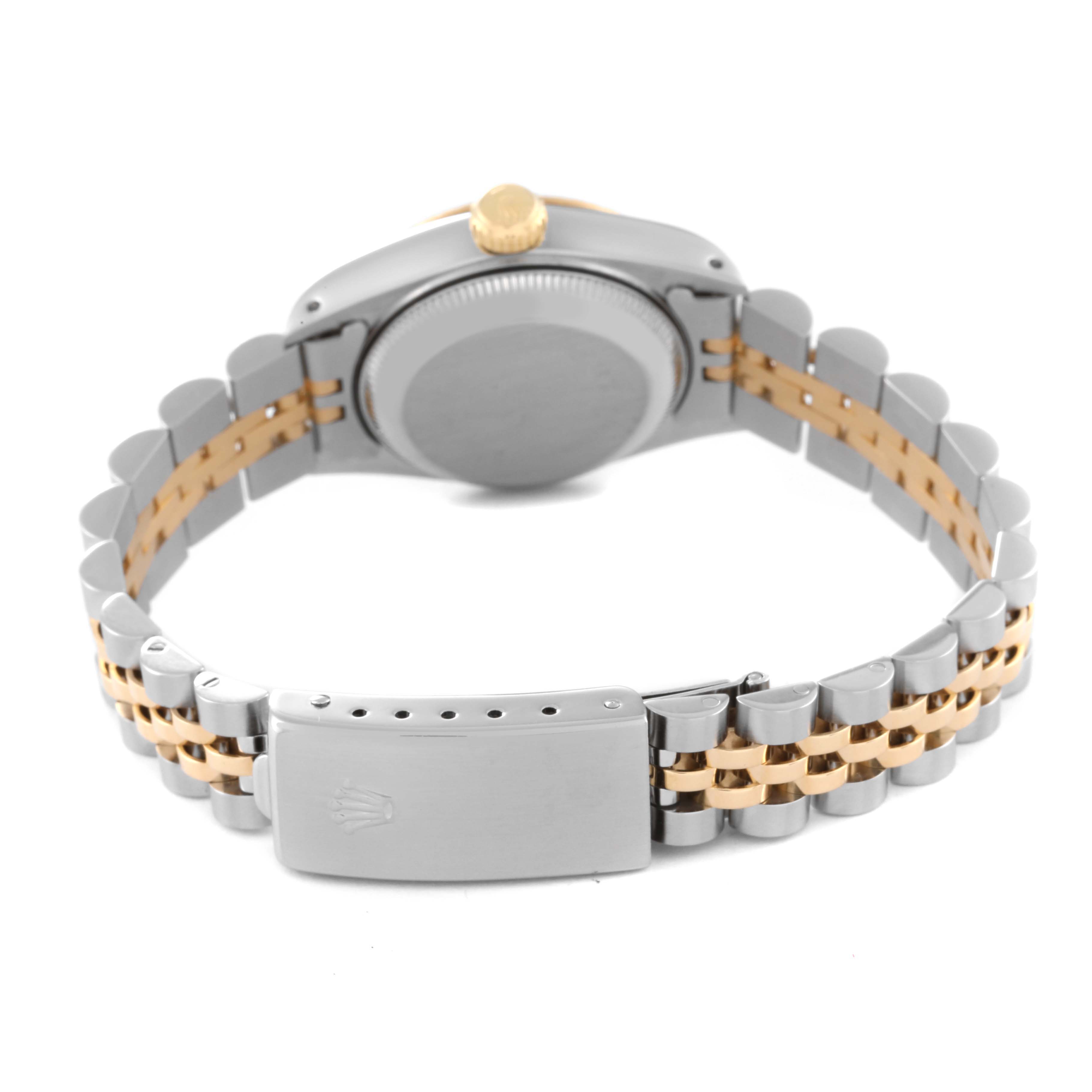 This image shows the back view of a Rolex Datejust 69173 Women's Steel and Gold (two tone) Champagne Dial 69173 Women's Steel and Gold (two tone) Champagne Dial watch, focusing on the case back, crown, and the two-tone bracelet with clasp.