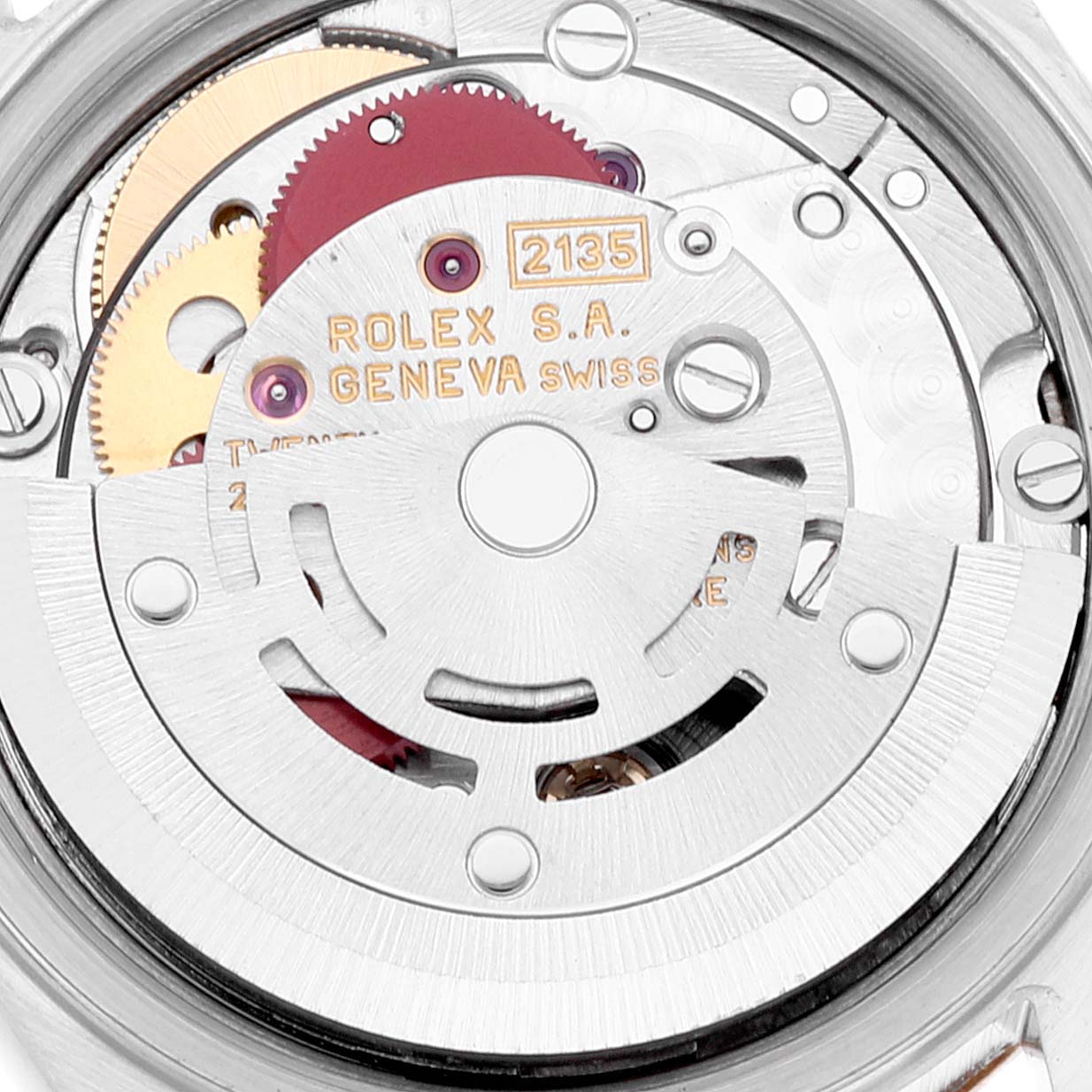 The image shows the internal mechanism of a Rolex Datejust 69173 Women's Steel and Gold (two tone) Champagne Dial 69173 Women's Steel and Gold (two tone) Champagne Dial watch, focusing on the movement components and gears.