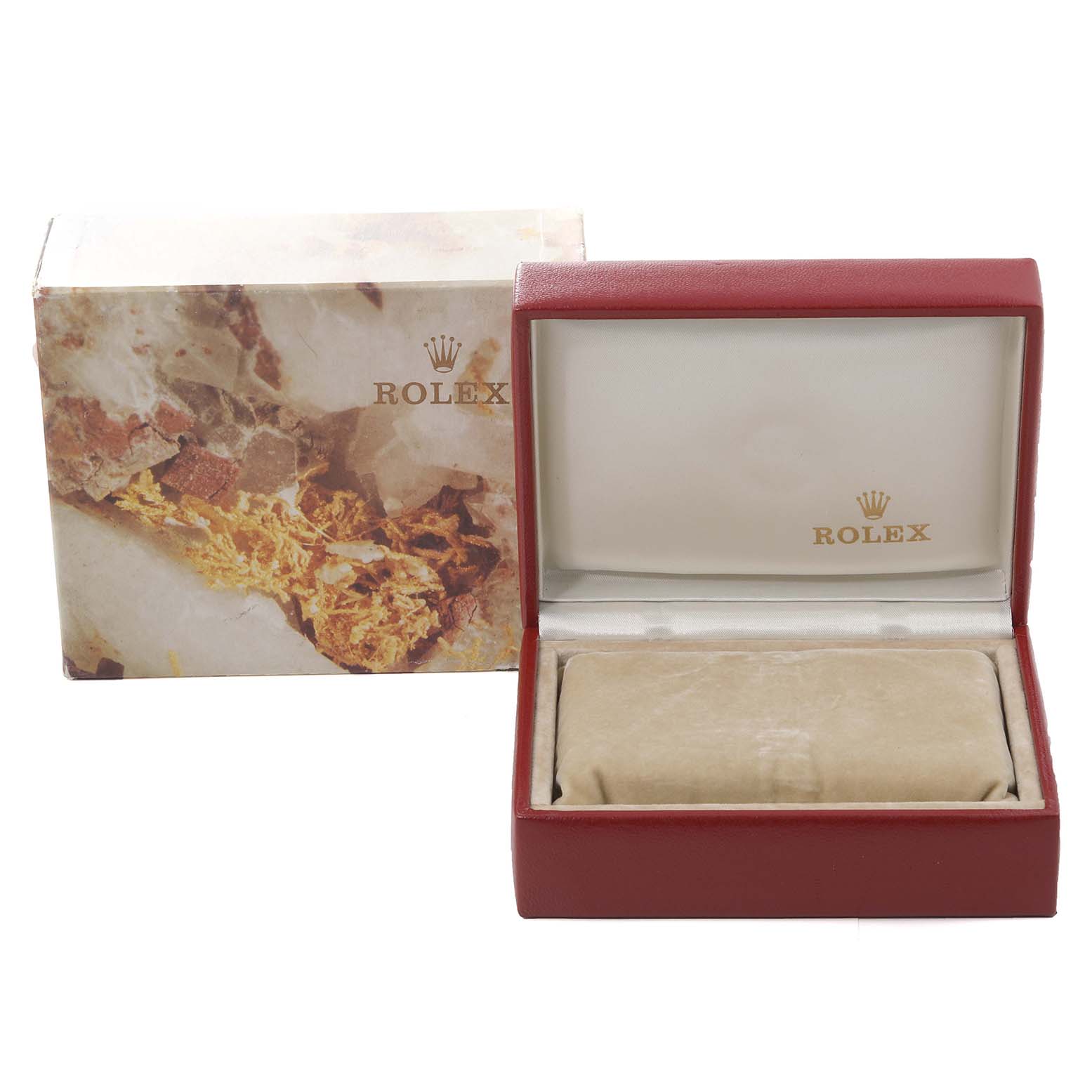This image shows the packaging of a Rolex Datejust 69173 Women's Steel and Gold (two tone) Champagne Dial 69173 Women's Steel and Gold (two tone) Champagne Dial watch, featuring an outer box and an open leather watch case.