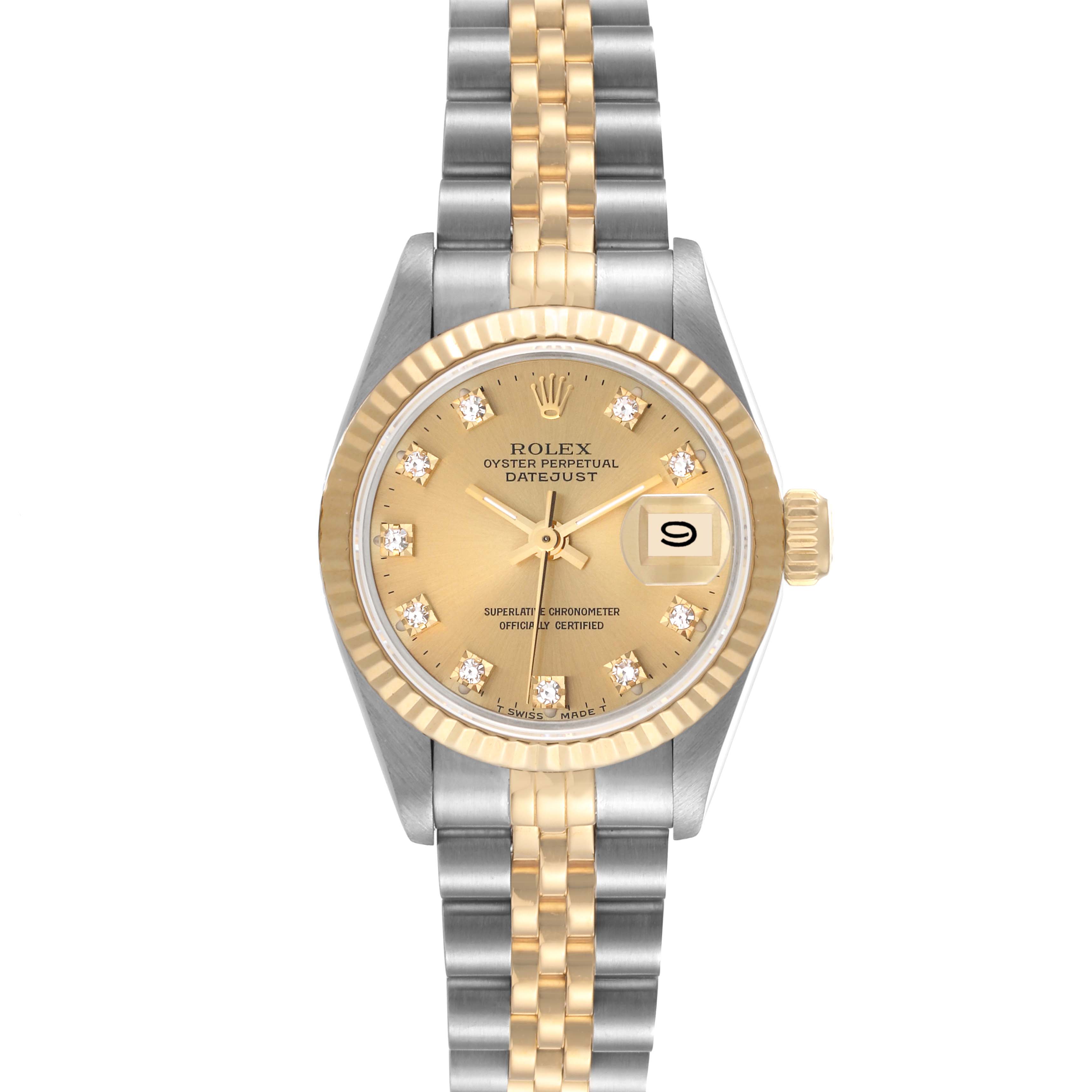 This Rolex Datejust 69173 Women's Steel and Gold (two tone) Champagne Dial 69173 Women's Steel and Gold (two tone) Champagne Dial watch is shown from a top-down angle, displaying the dial, bezel, crown, and bracelet.