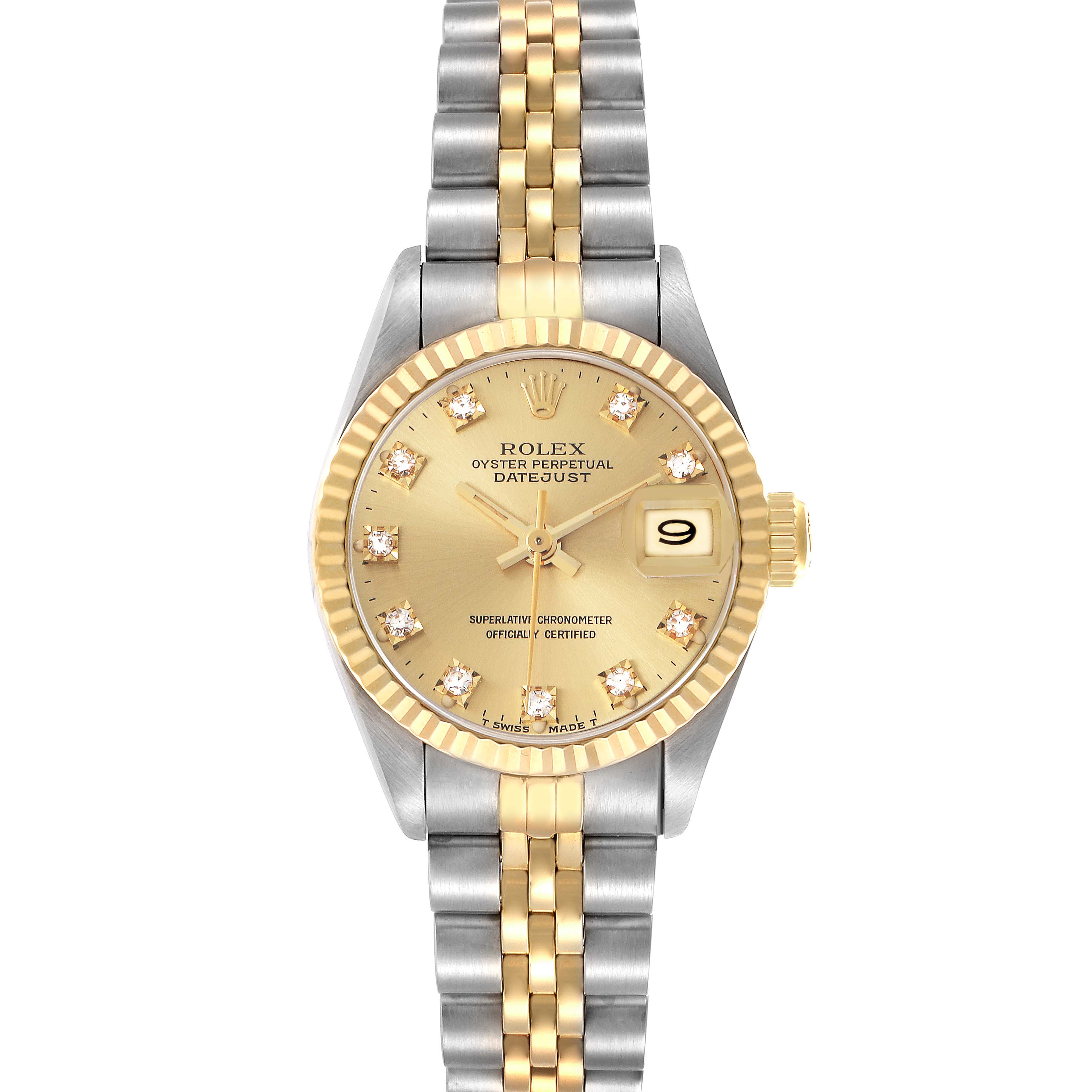 The Rolex Datejust 69173 Women's Steel and Gold (two tone) Champagne Dial 69173 Women's Steel and Gold (two tone) Champagne Dial watch is shown from the front, displaying the dial, bezel, bracelet, and date window.
