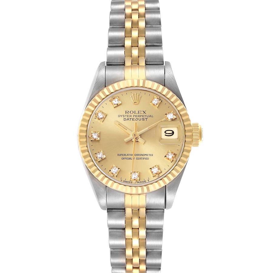 The Rolex Datejust watch is shown from the front, displaying the dial, bezel, bracelet, and date window.