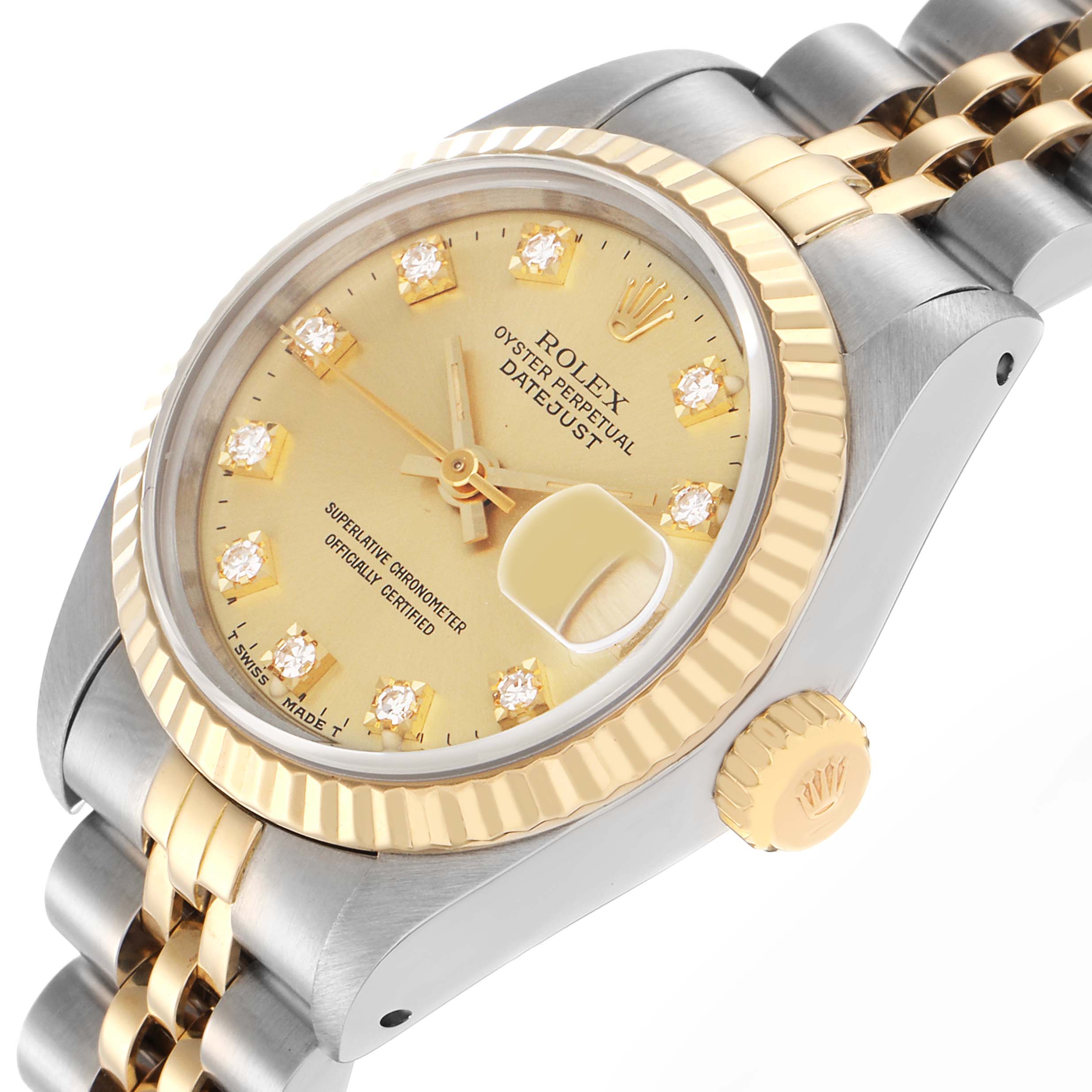The Rolex Datejust 69173 Women's Steel and Gold (two tone) Champagne Dial 69173 Women's Steel and Gold (two tone) Champagne Dial watch is shown at an angled view, highlighting the gold bezel, dial, crown, and two-tone bracelet.