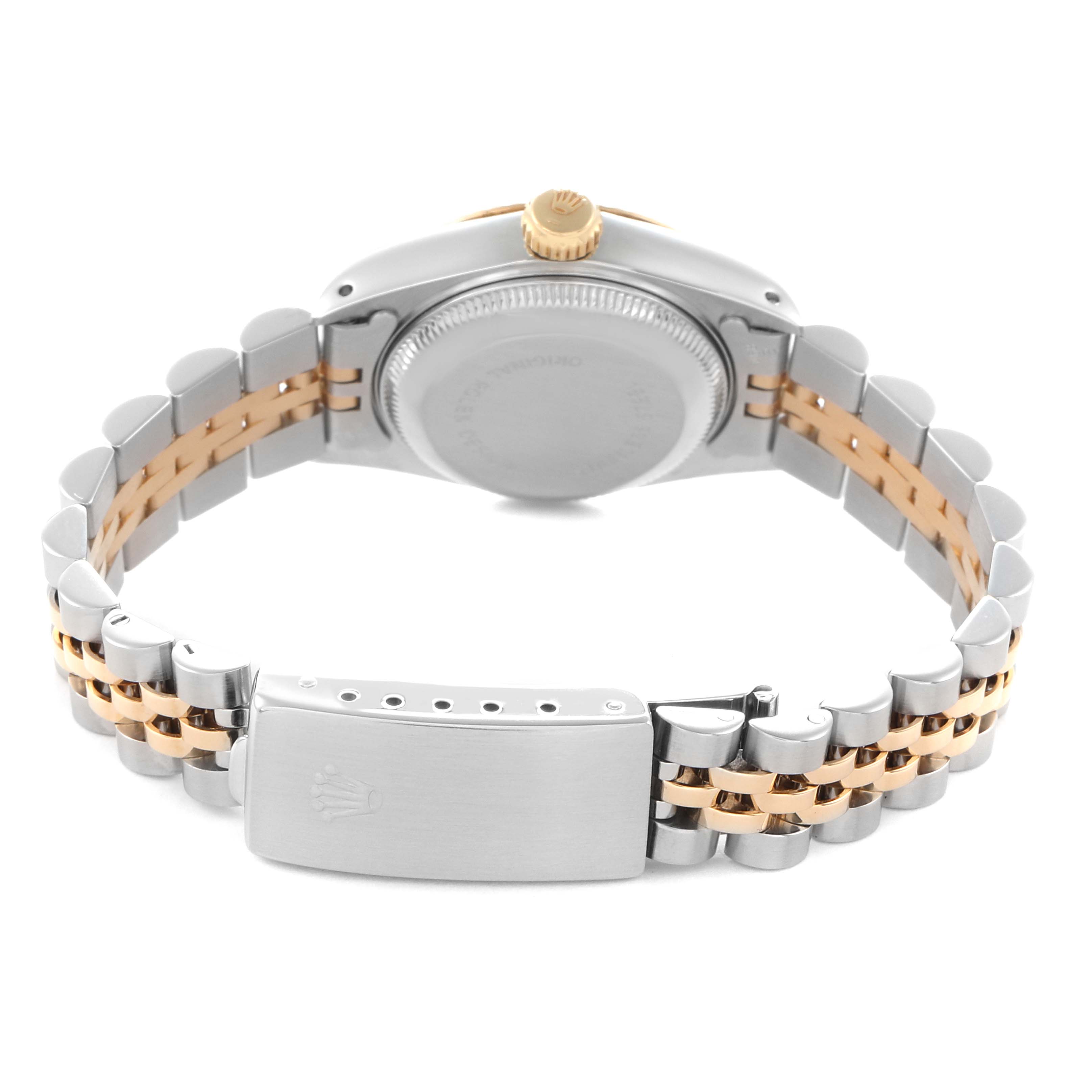 The image shows the back view of a Rolex Datejust 69173 Women's Steel and Gold (two tone) Champagne Dial 69173 Women's Steel and Gold (two tone) Champagne Dial, highlighting the case back, crown, and two-tone bracelet with clasp.