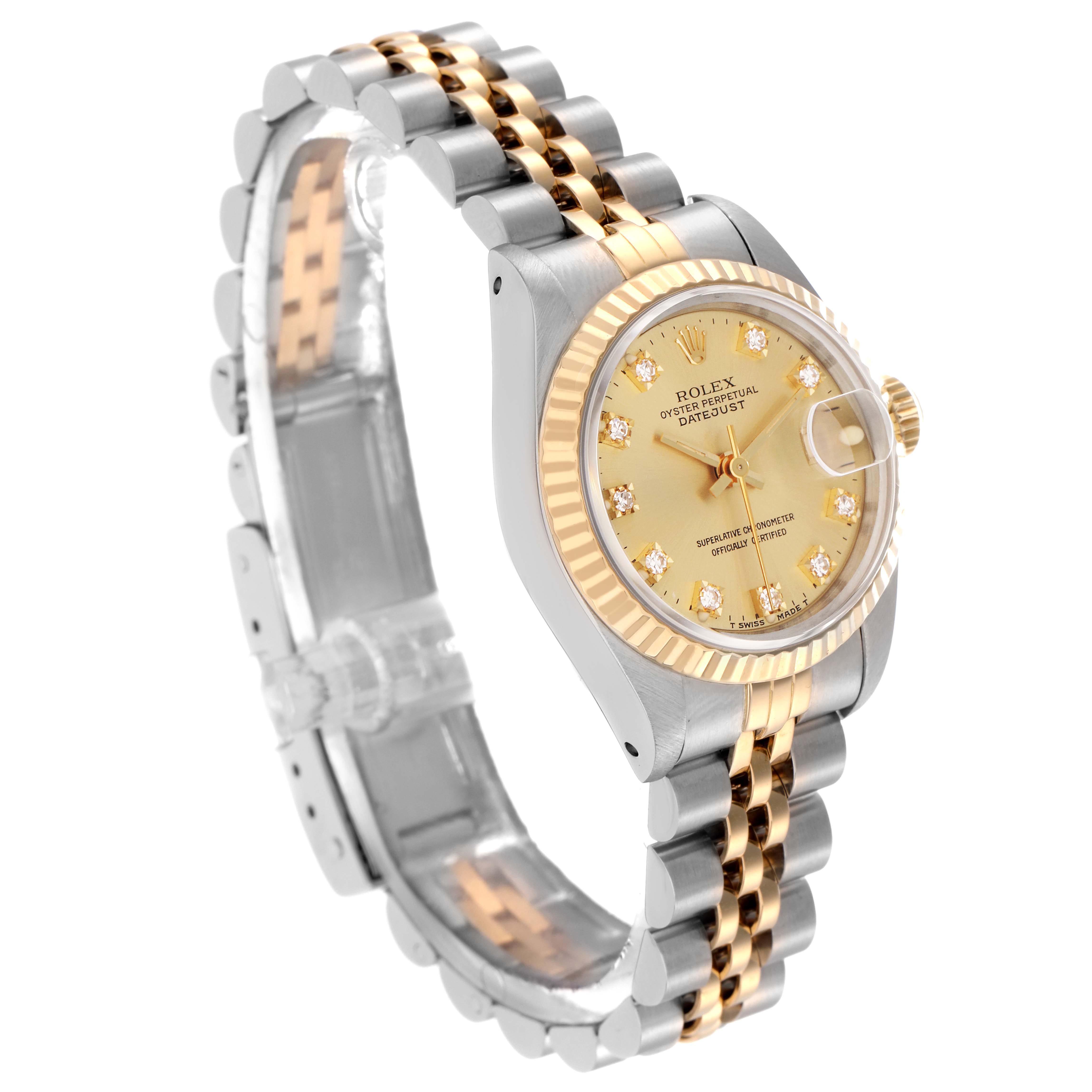 The Rolex Datejust 69173 Women's Steel and Gold (two tone) Champagne Dial 69173 Women's Steel and Gold (two tone) Champagne Dial watch is shown at a slight angle, showcasing the dial, fluted bezel, and two-tone bracelet.