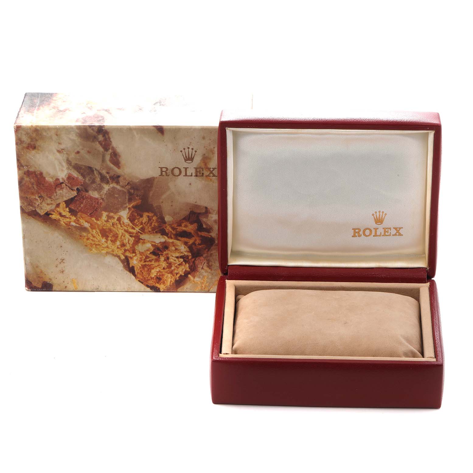 The image shows a Rolex Datejust 69173 Women's Steel and Gold (two tone) Champagne Dial 69173 Women's Steel and Gold (two tone) Champagne Dial box and pillow, viewed from the front with an open lid displaying the logo.