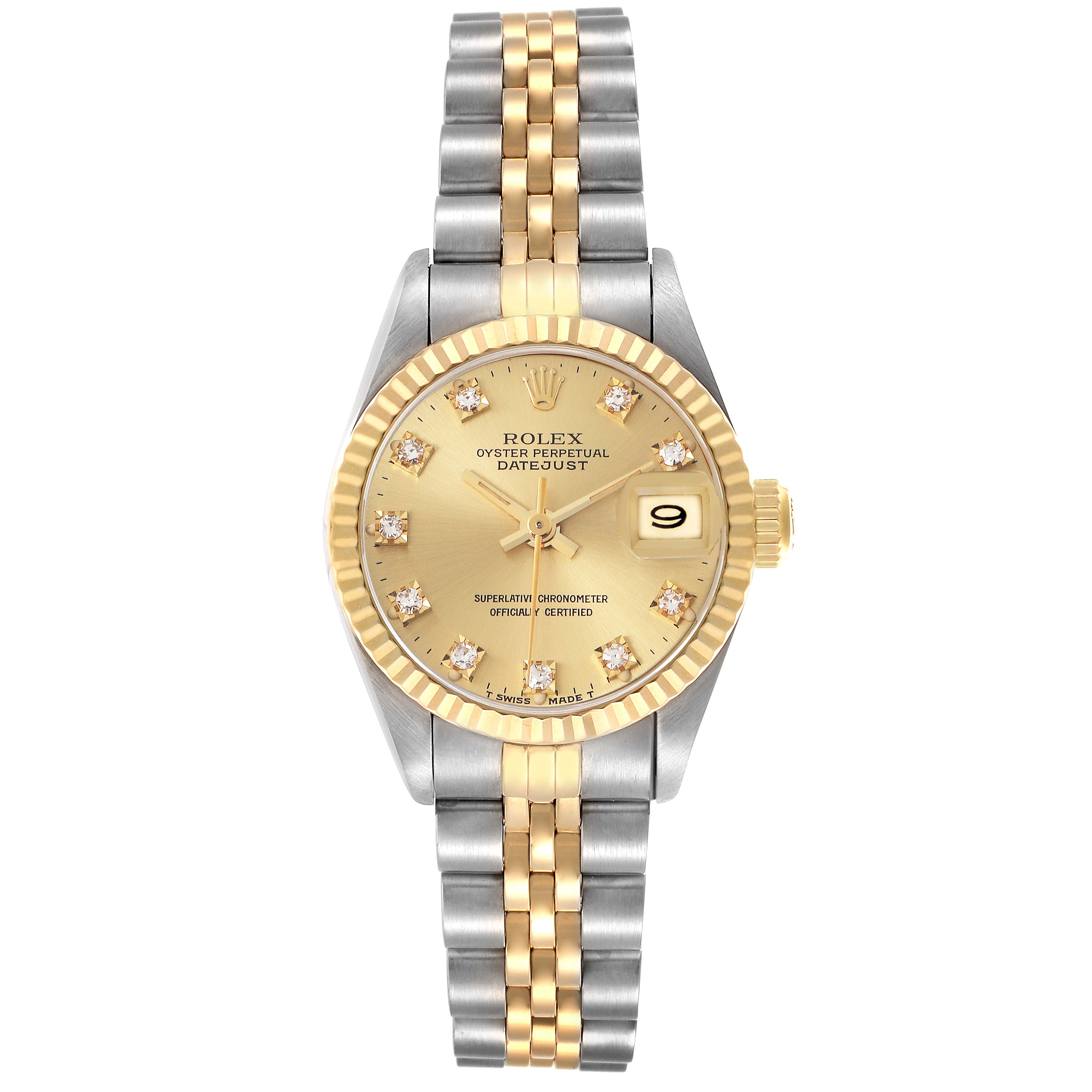 This Rolex Datejust 69173 Women's Steel and Gold (two tone) Champagne Dial 69173 Women's Steel and Gold (two tone) Champagne Dial watch is shown from a top-down angle, highlighting the dial, bezel, bracelet, and crown.