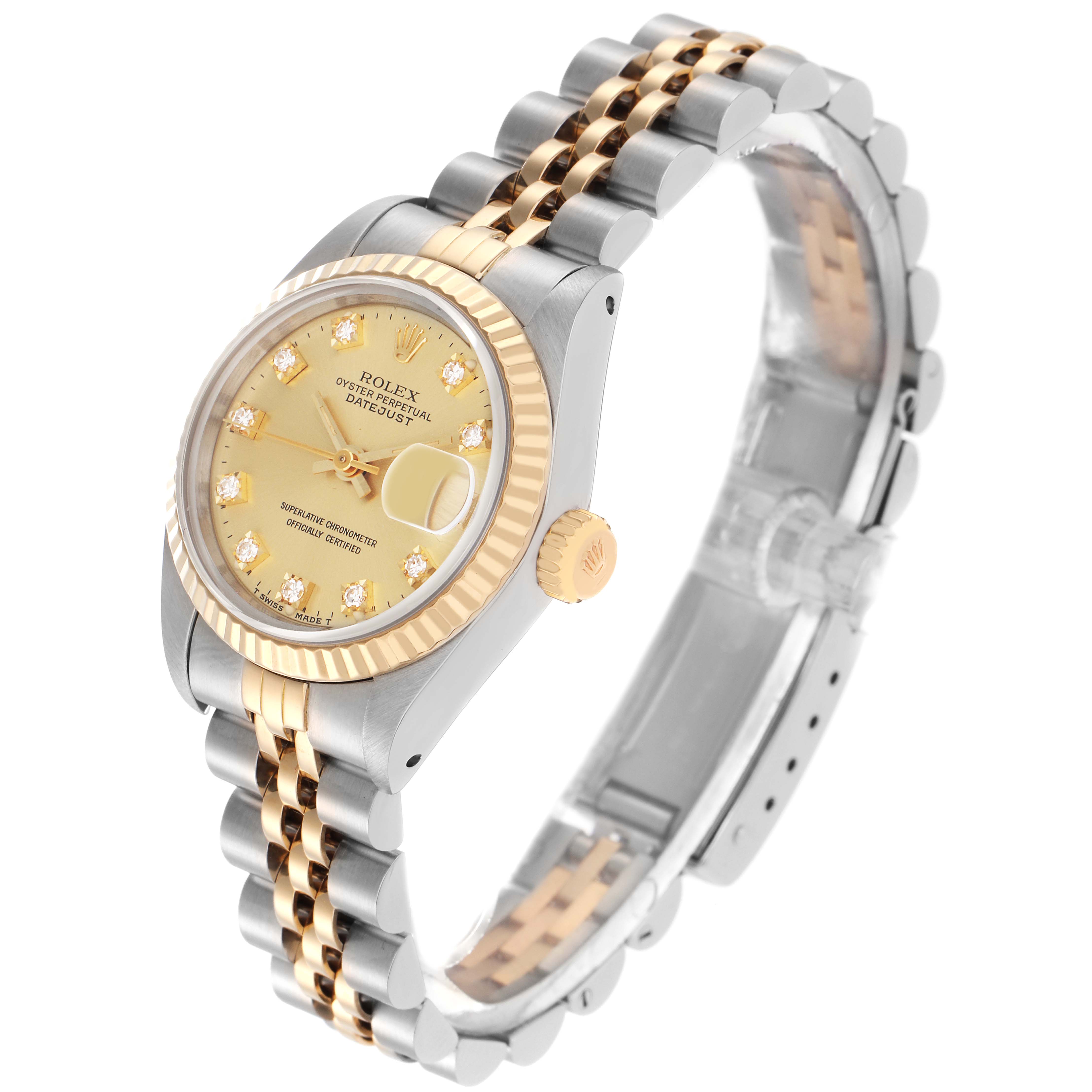 The Rolex Datejust 69173 Women's Steel and Gold (two tone) Champagne Dial 69173 Women's Steel and Gold (two tone) Champagne Dial watch is shown at a three-quarter angle, highlighting the dial, bezel, crown, and jubilee bracelet.