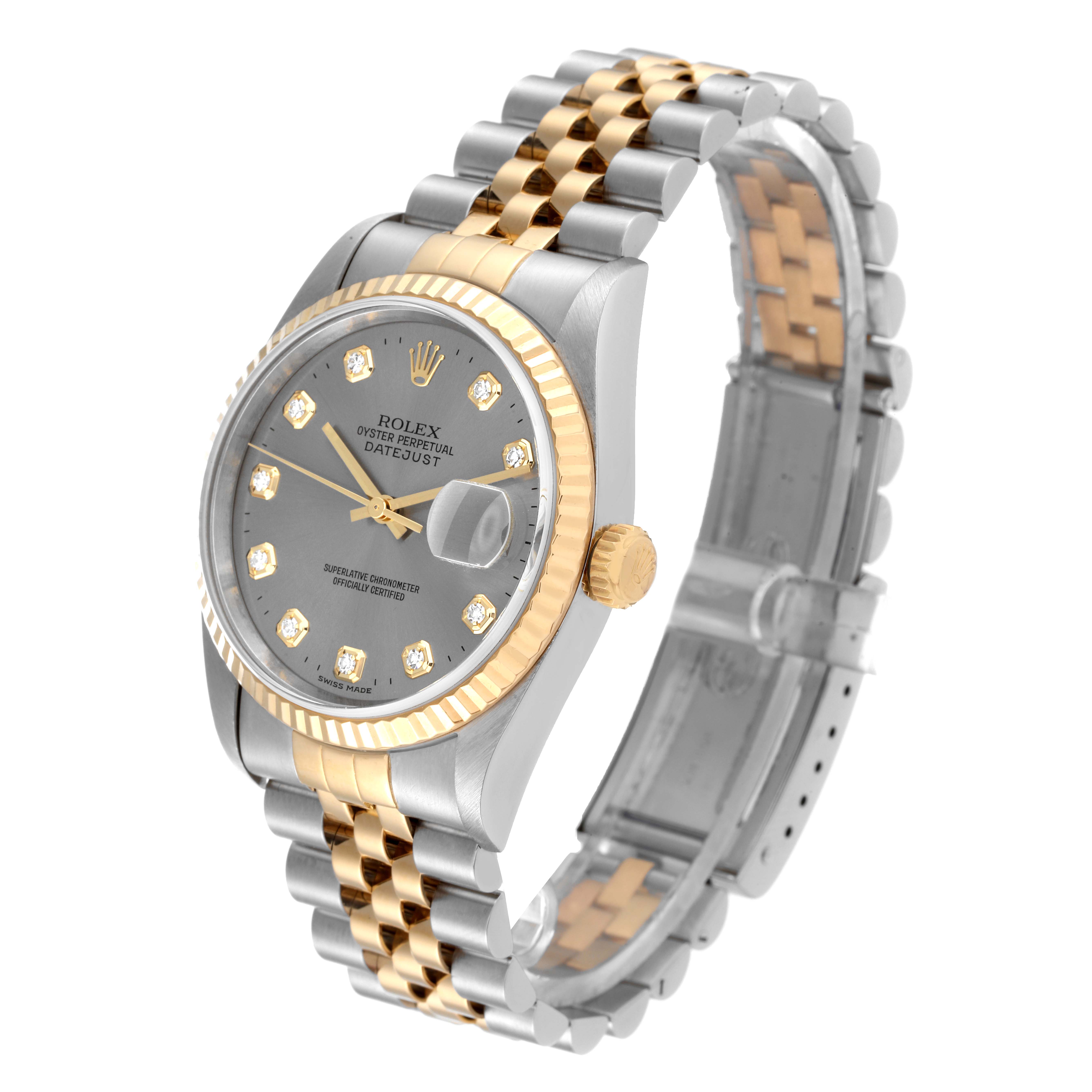 The image shows a Rolex Datejust 16233 Men's Steel and Gold (two tone) Grey Dial 16233 Men's Steel and Gold (two tone) Grey Dial watch at a slight angle displaying its face, bezel, crown, and bracelet in two-tone metal.