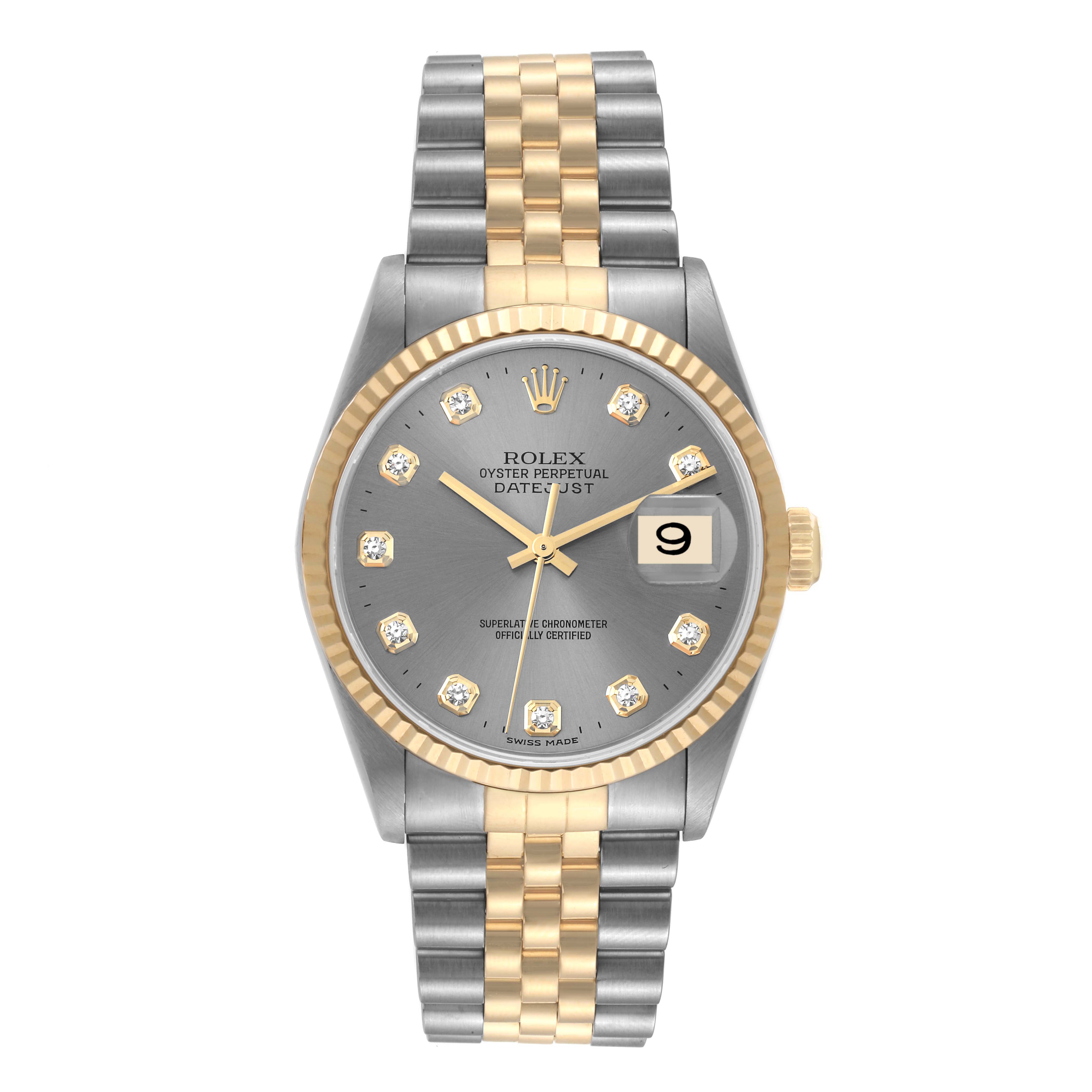This Rolex Datejust 16233 Men's Steel and Gold (two tone) Grey Dial 16233 Men's Steel and Gold (two tone) Grey Dial watch is shown from a front angle, featuring a grey dial, gold bezel, and two-tone bracelet.