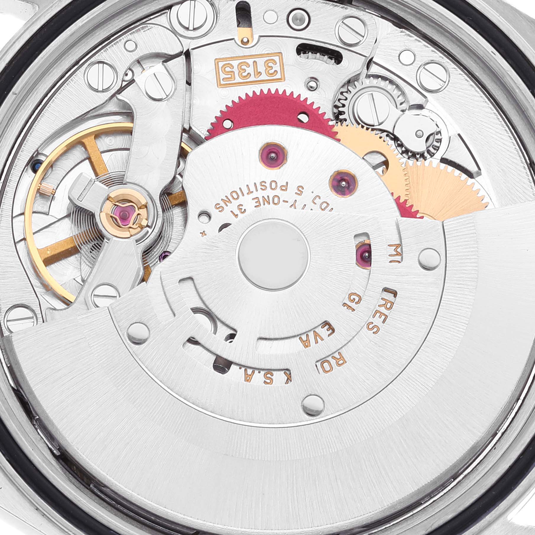 This is the internal mechanism of a Rolex Datejust 16233 Men's Steel and Gold (two tone) Grey Dial 16233 Men's Steel and Gold (two tone) Grey Dial watch, showing gears and the movement components.