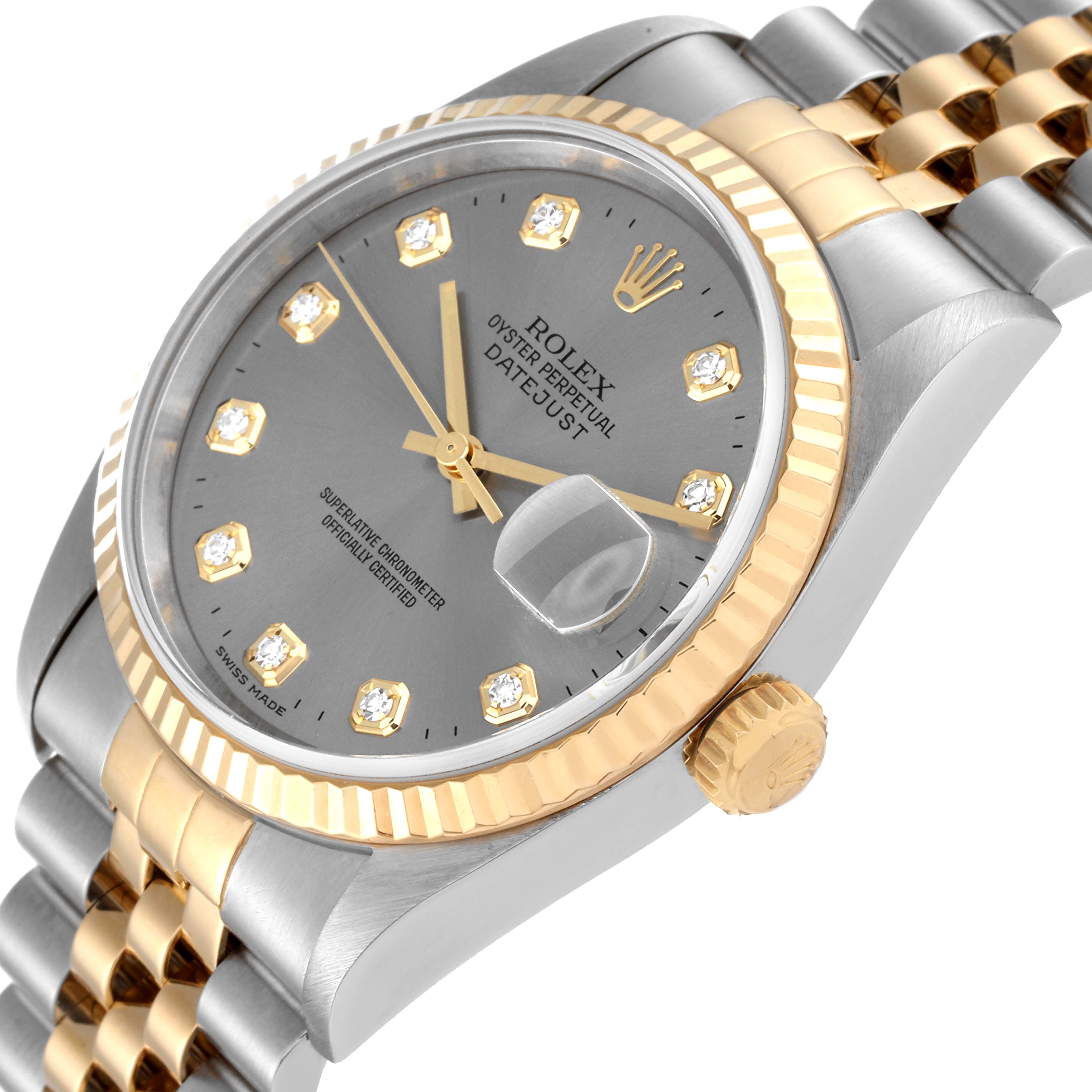 The image shows a close-up angled view of the face and part of the bracelet of a Rolex Datejust 16233 Men's Steel and Gold (two tone) Grey Dial 16233 Men's Steel and Gold (two tone) Grey Dial watch.