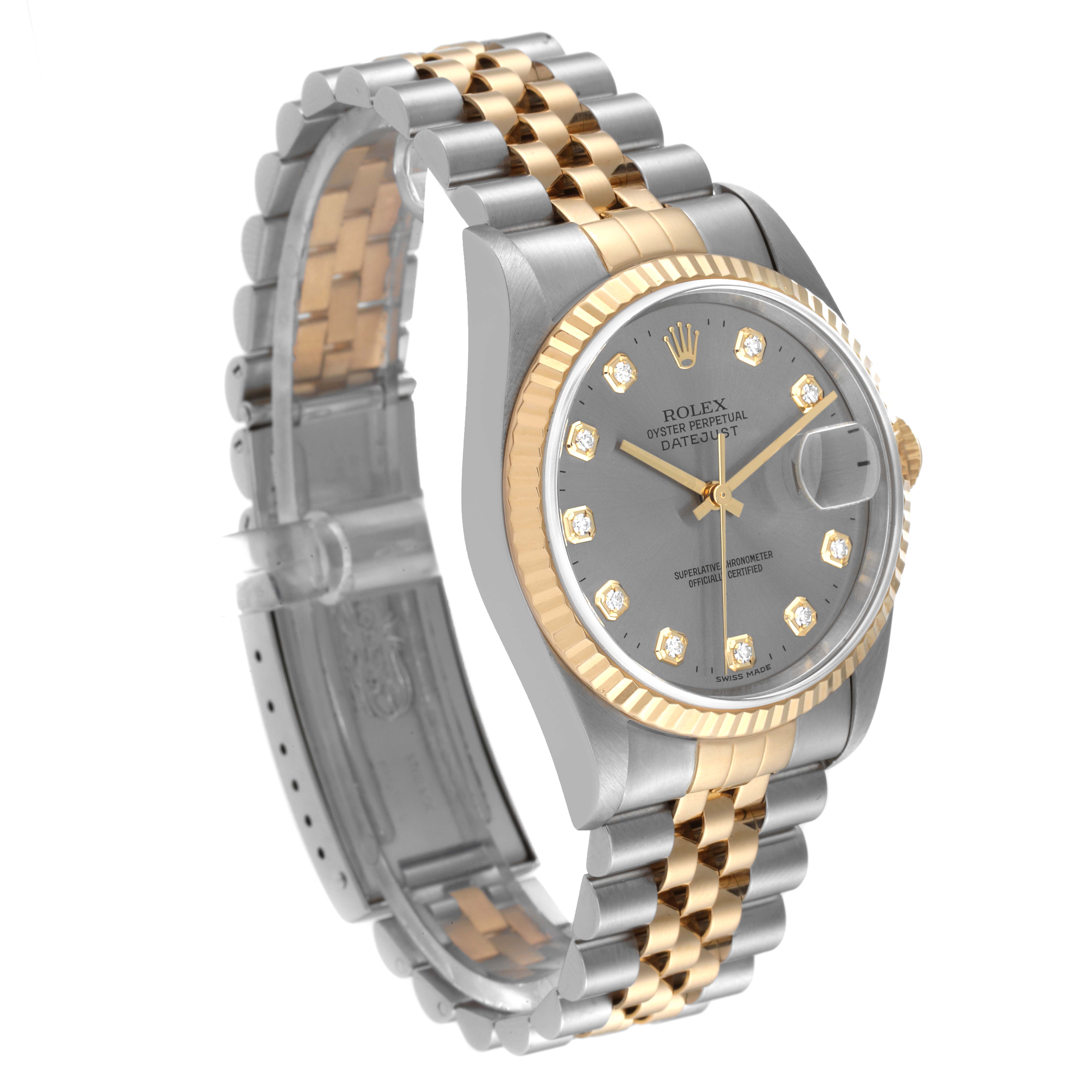 This image shows a side and angled view of the Rolex Datejust 16233 Men's Steel and Gold (two tone) Grey Dial 16233 Men's Steel and Gold (two tone) Grey Dial model, highlighting the two-tone bracelet and diamond-accented face.