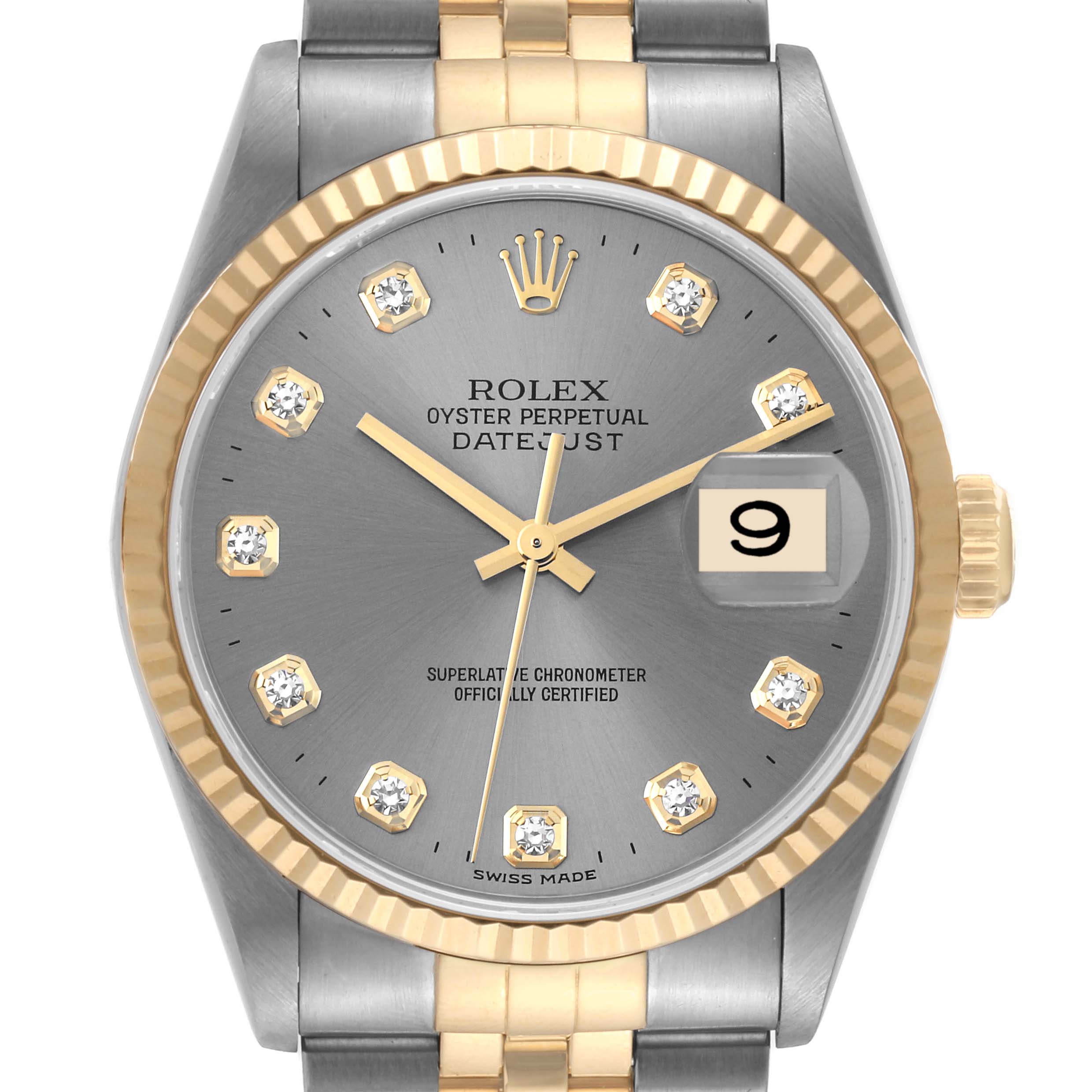 This image shows a close-up, top-down view of a Rolex Datejust 16233 Men's Steel and Gold (two tone) Grey Dial 16233 Men's Steel and Gold (two tone) Grey Dial watch, highlighting the face, bezel, and part of the band.