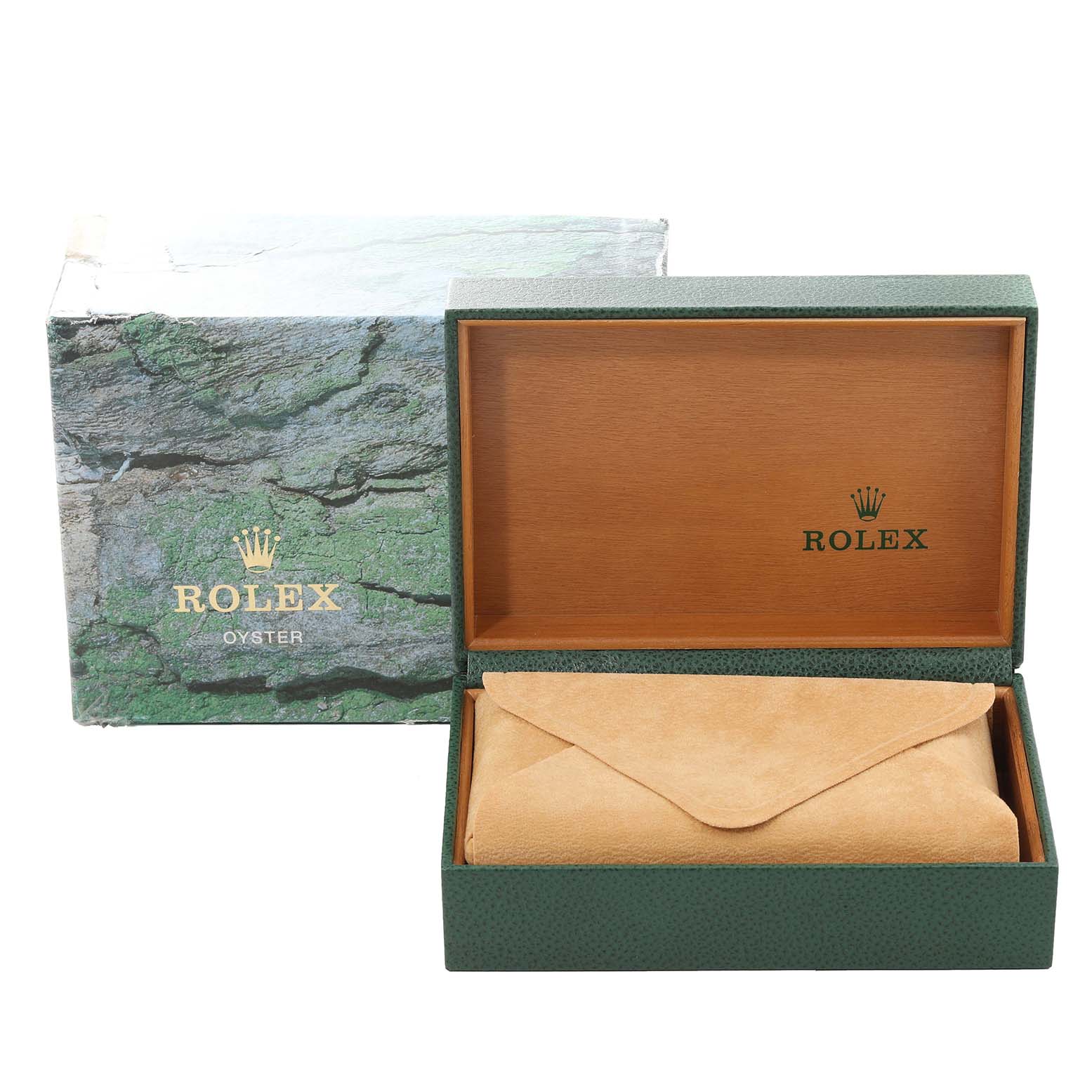 The image shows the packaging and inner box for a Rolex Datejust 16233 Men's Steel and Gold (two tone) Grey Dial 16233 Men's Steel and Gold (two tone) Grey Dial, including the outer green box and the inner wooden-finish box with a suede pouch.