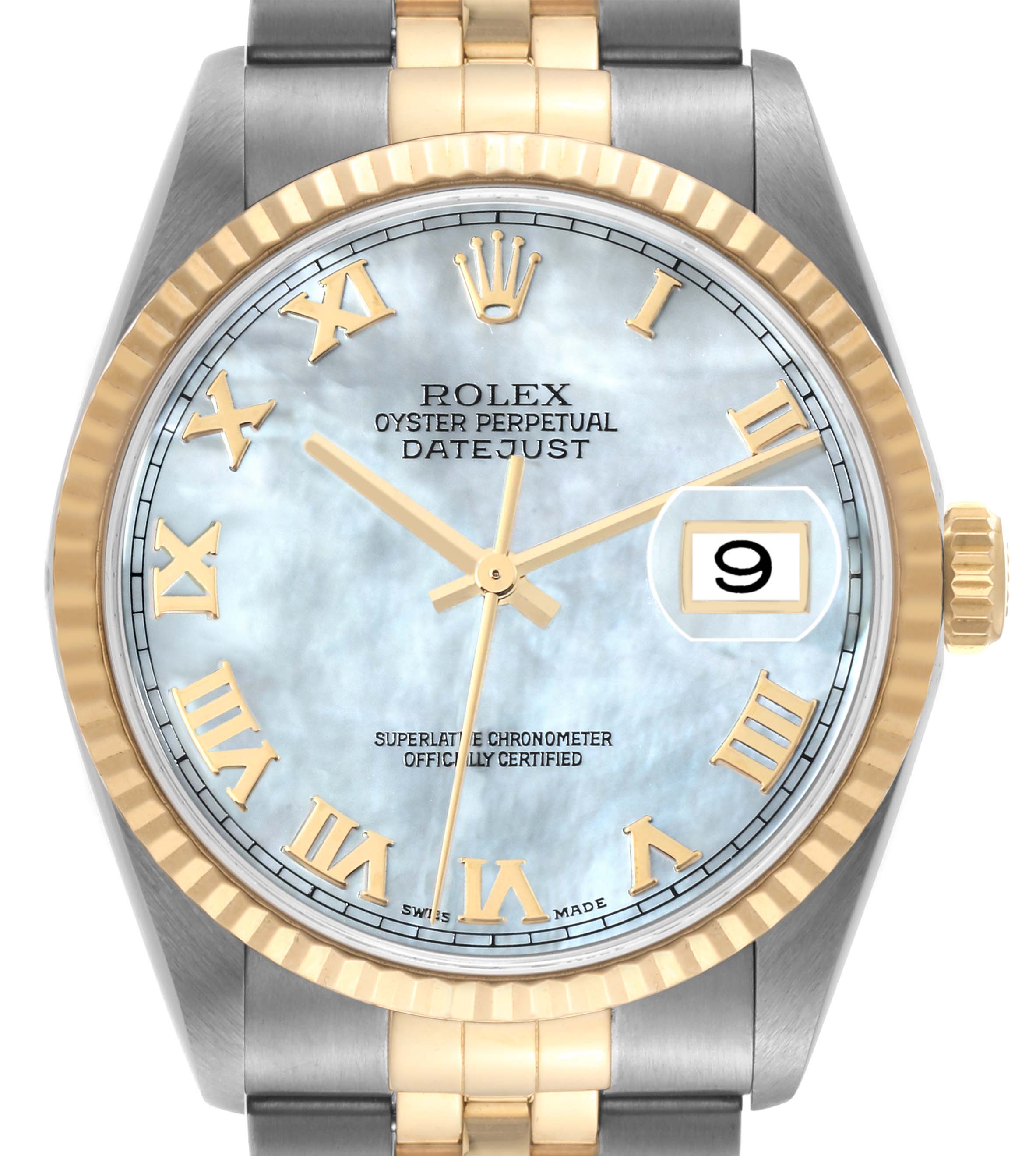 This image shows the front view of a Rolex Datejust 16233 Men's Steel and Gold (two tone) Mother of Pearl Dial 16233 Men's Steel and Gold (two tone) Mother of Pearl Dial watch, highlighting its face, bezel, and part of the bracelet.