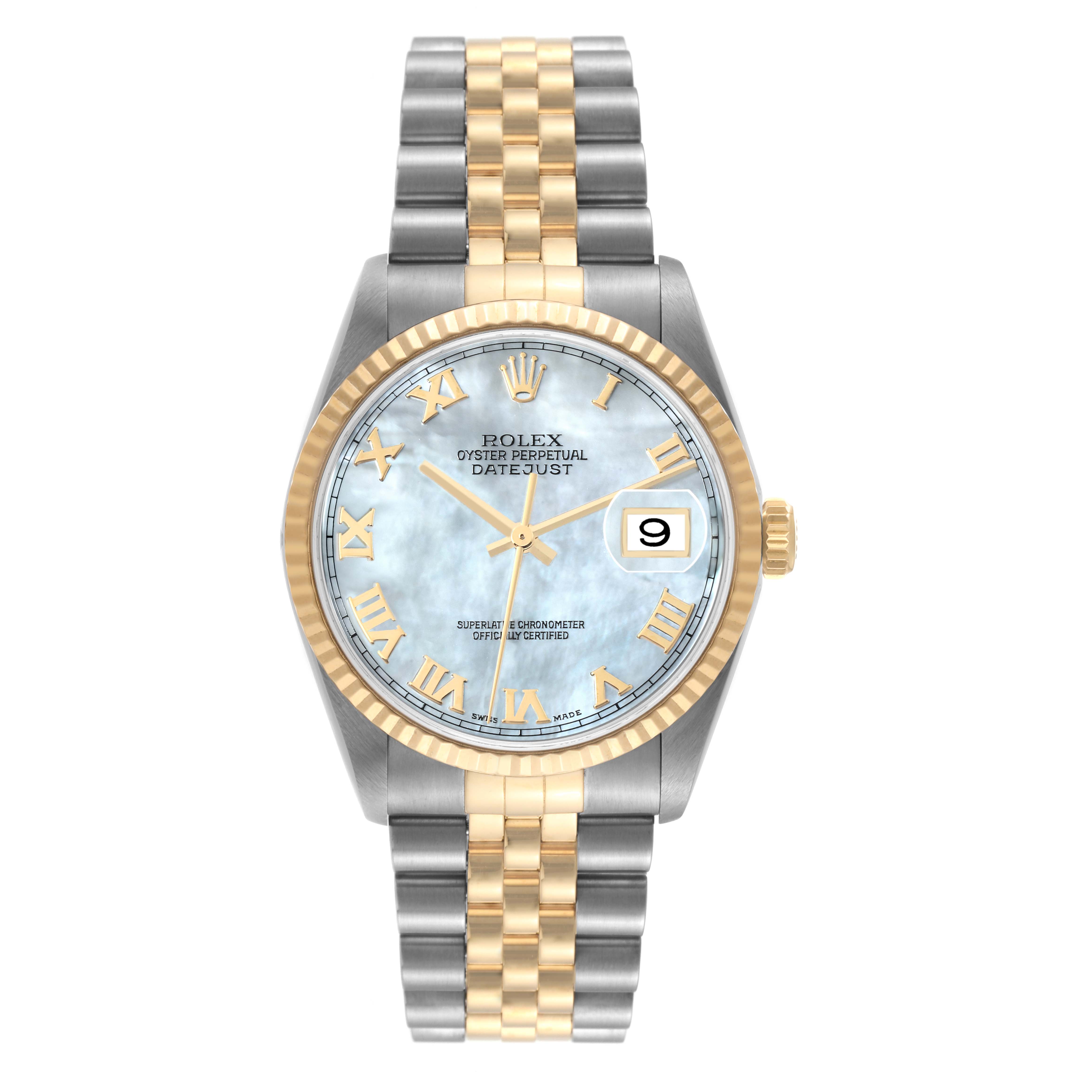 The image shows a front view of the Rolex Datejust 16233 Men's Steel and Gold (two tone) Mother of Pearl Dial 16233 Men's Steel and Gold (two tone) Mother of Pearl Dial watch, displaying the face, bezel, and part of the bracelet.