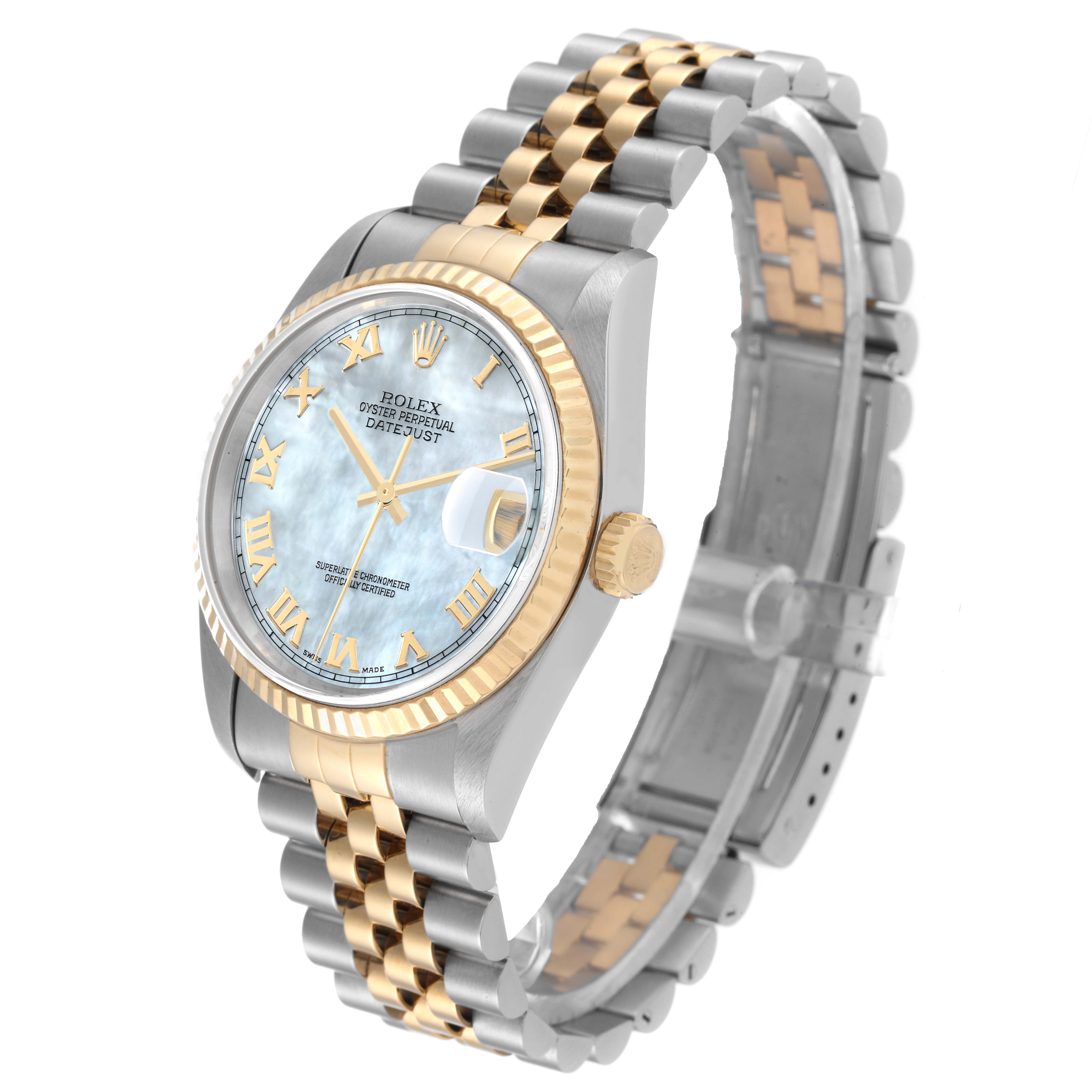 The image shows a Rolex Datejust 16233 Men's Steel and Gold (two tone) Mother of Pearl Dial 16233 Men's Steel and Gold (two tone) Mother of Pearl Dial watch at a three-quarter angle, highlighting its face, bezel, crown, and two-tone bracelet.