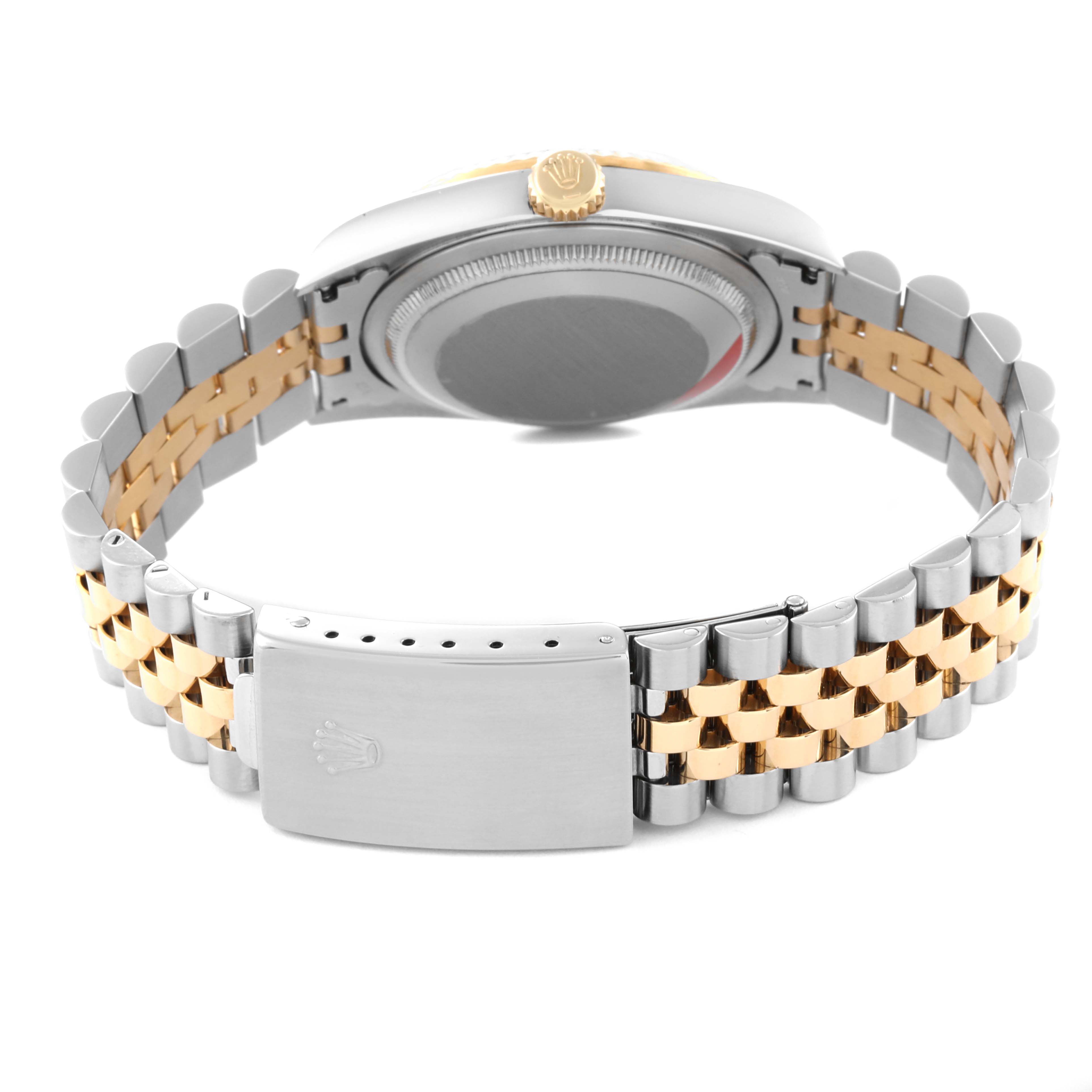 This image shows the back view of a Rolex Datejust 16233 Men's Steel and Gold (two tone) Mother of Pearl Dial 16233 Men's Steel and Gold (two tone) Mother of Pearl Dial watch, focusing on its case and two-tone bracelet.