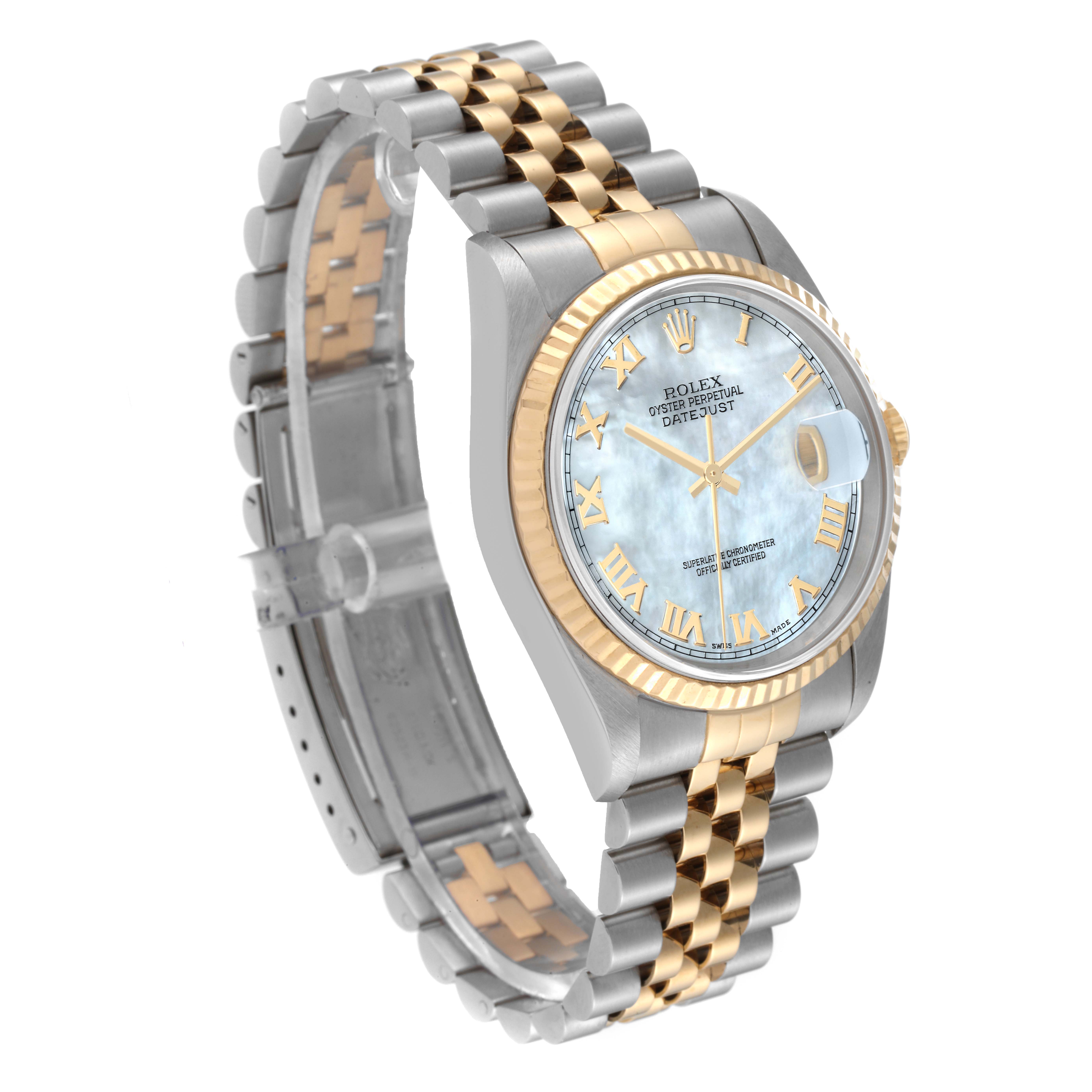 The image shows a Rolex Datejust 16233 Men's Steel and Gold (two tone) Mother of Pearl Dial 16233 Men's Steel and Gold (two tone) Mother of Pearl Dial watch at a three-quarter angle, displaying the face, bezel, and two-tone bracelet.