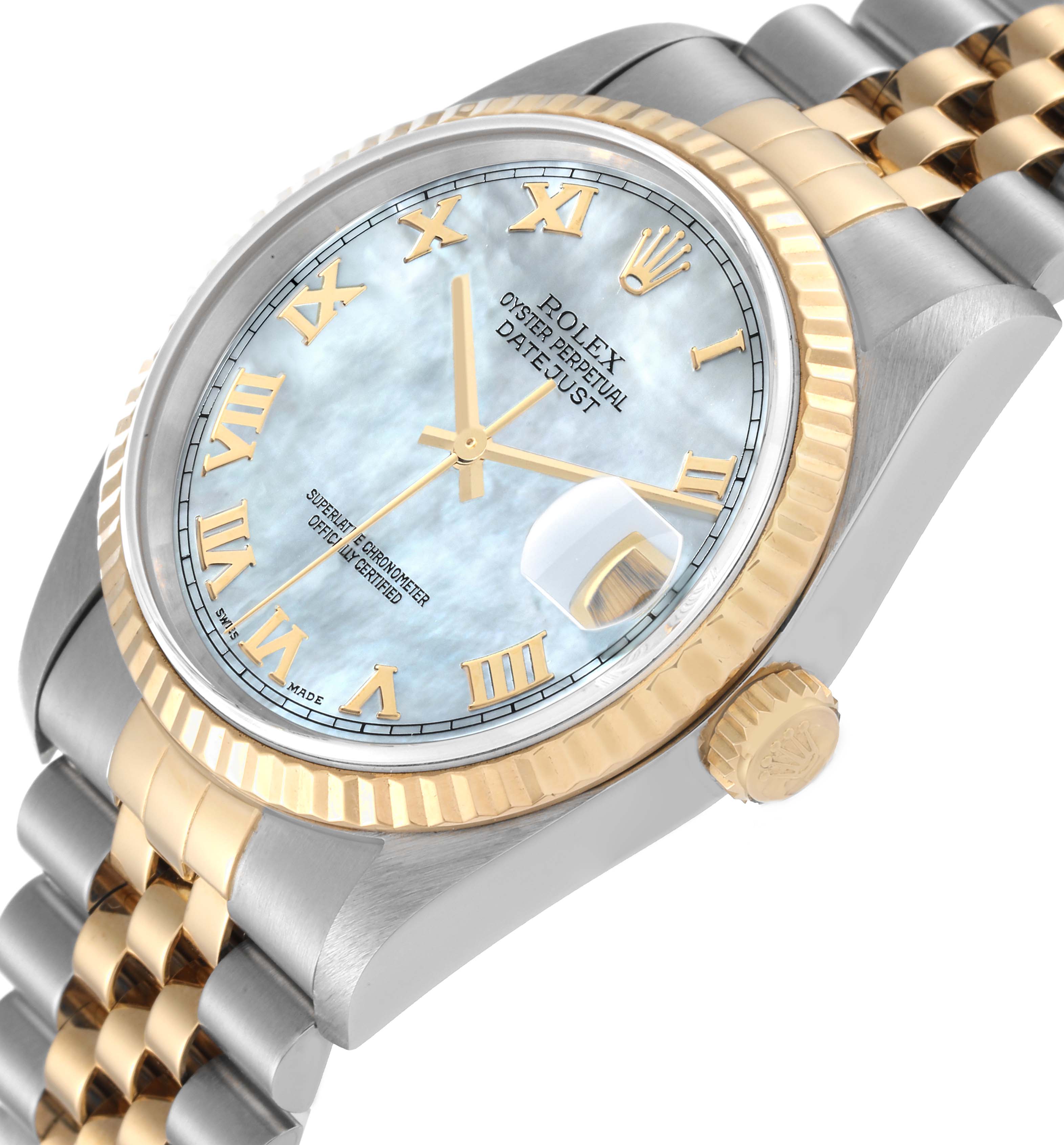 The image shows a close-up angled view of a Rolex Datejust 16233 Men's Steel and Gold (two tone) Mother of Pearl Dial 16233 Men's Steel and Gold (two tone) Mother of Pearl Dial watch, highlighting the dial, bezel, and crown.