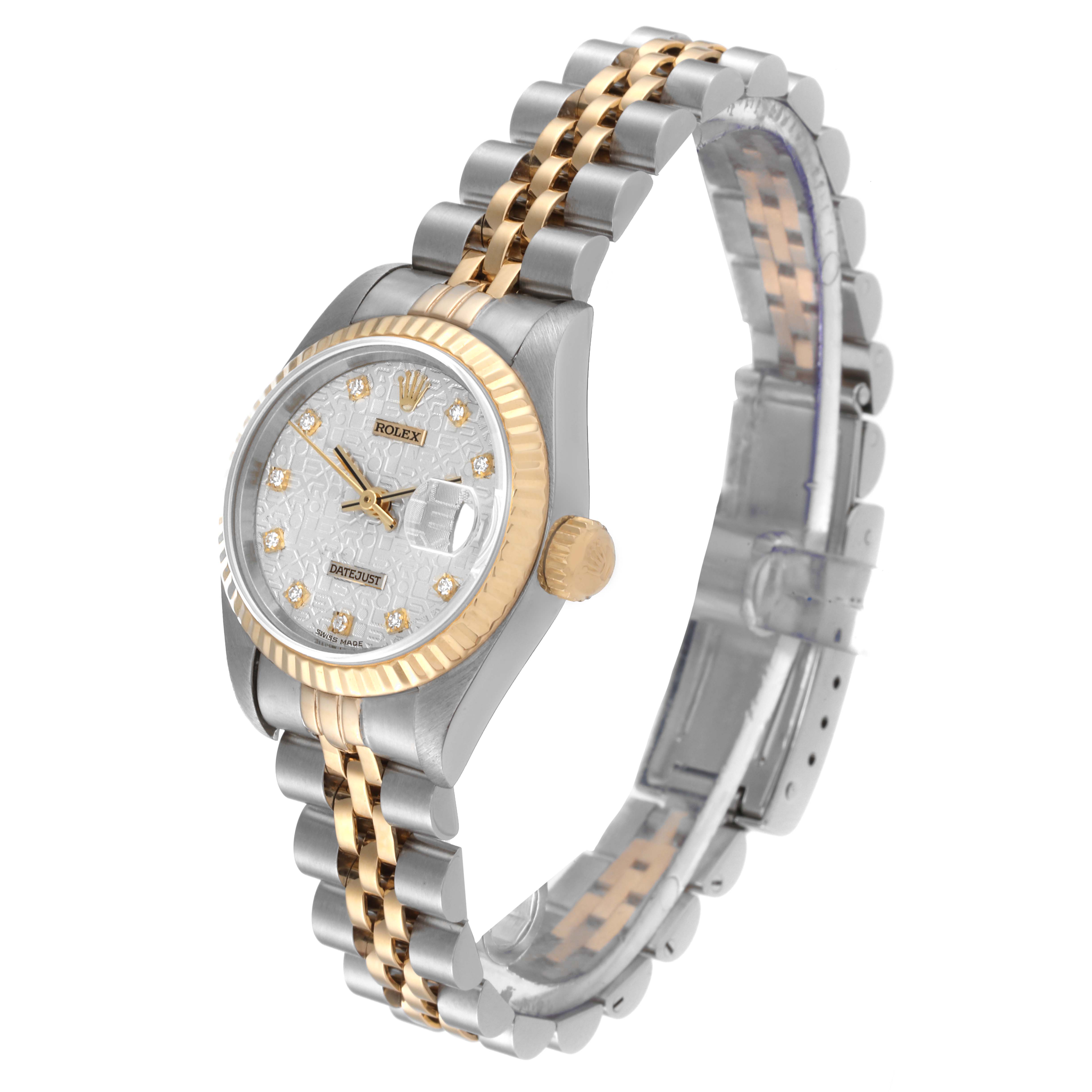 The Rolex Datejust 69173 Women's Steel and Gold (two tone) Silver Dial 69173 Women's Steel and Gold (two tone) Silver Dial watch is shown at an angle, displaying the dial, bezel, crown, and two-tone bracelet.